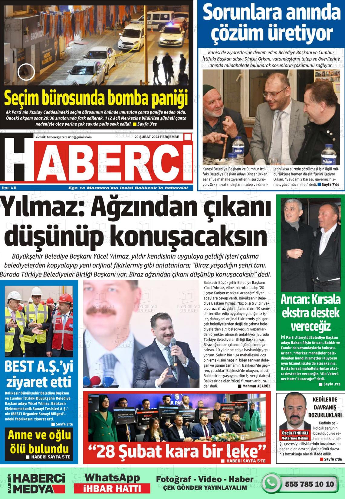 29 Şubat 2024 Balıkesir Haberci Gazete Manşeti