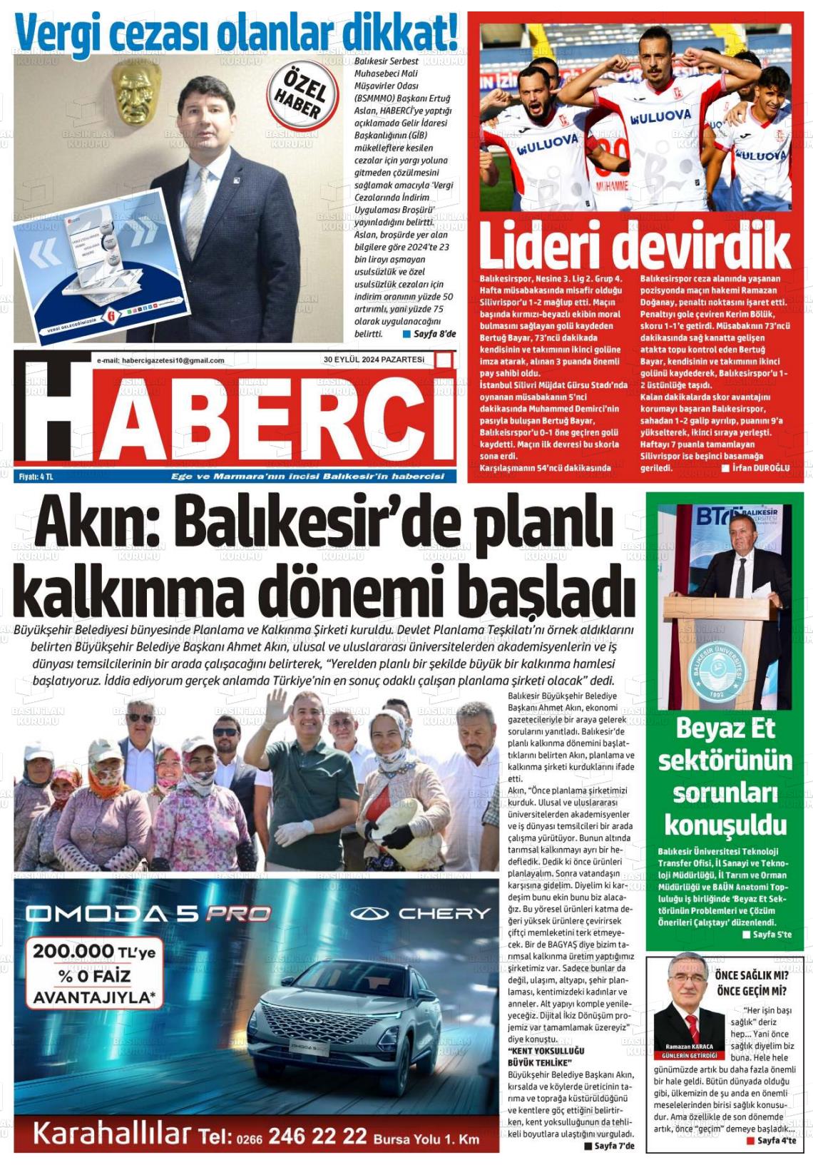 30 Eylül 2024 Balıkesir Haberci Gazete Manşeti