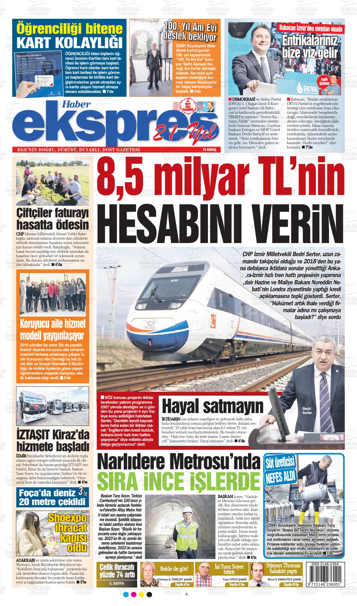 21 Mart 2022 Haber Ekspres Gazete Manşeti