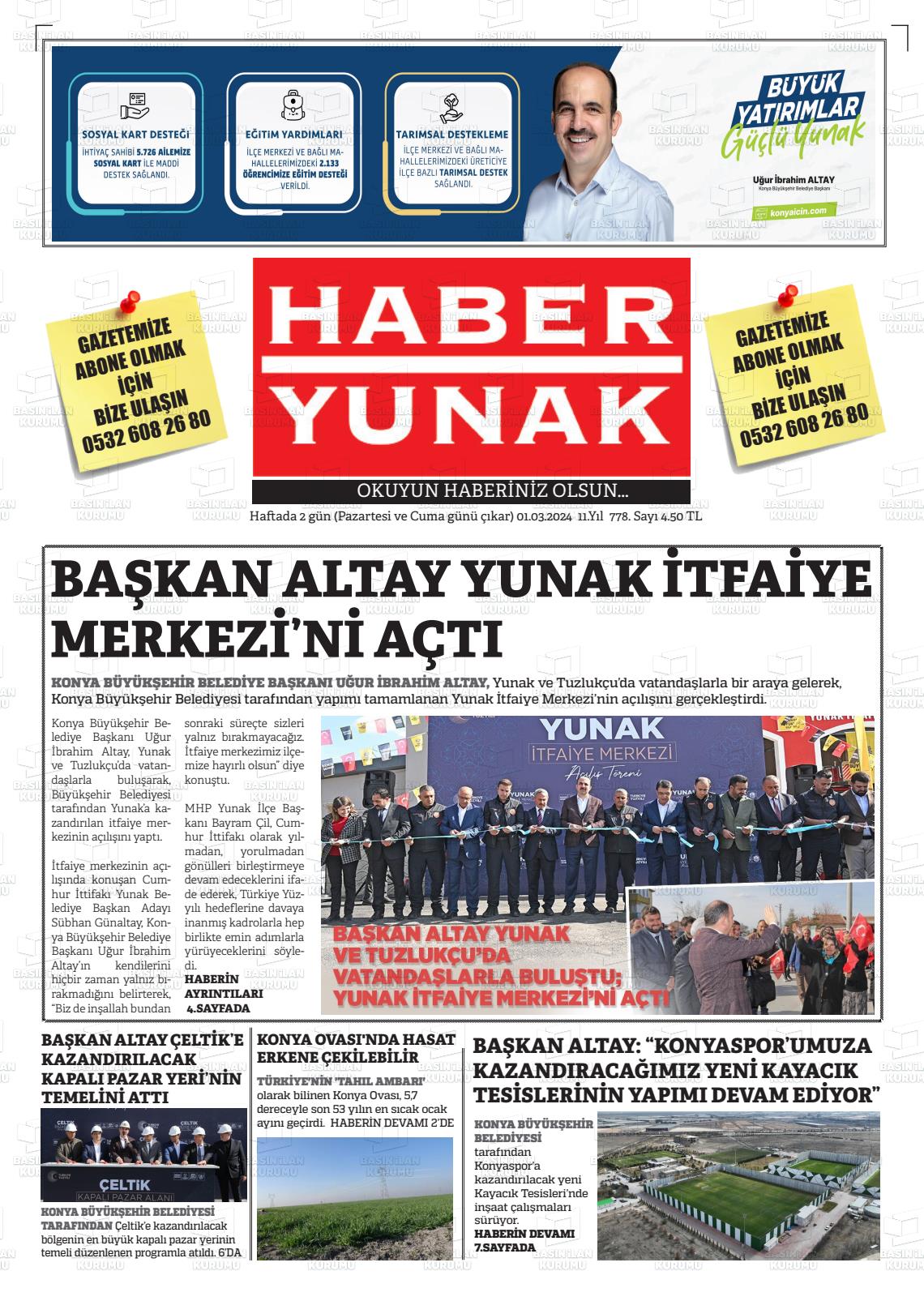 01 Mart 2024 Haber Yunak Gazete Manşeti