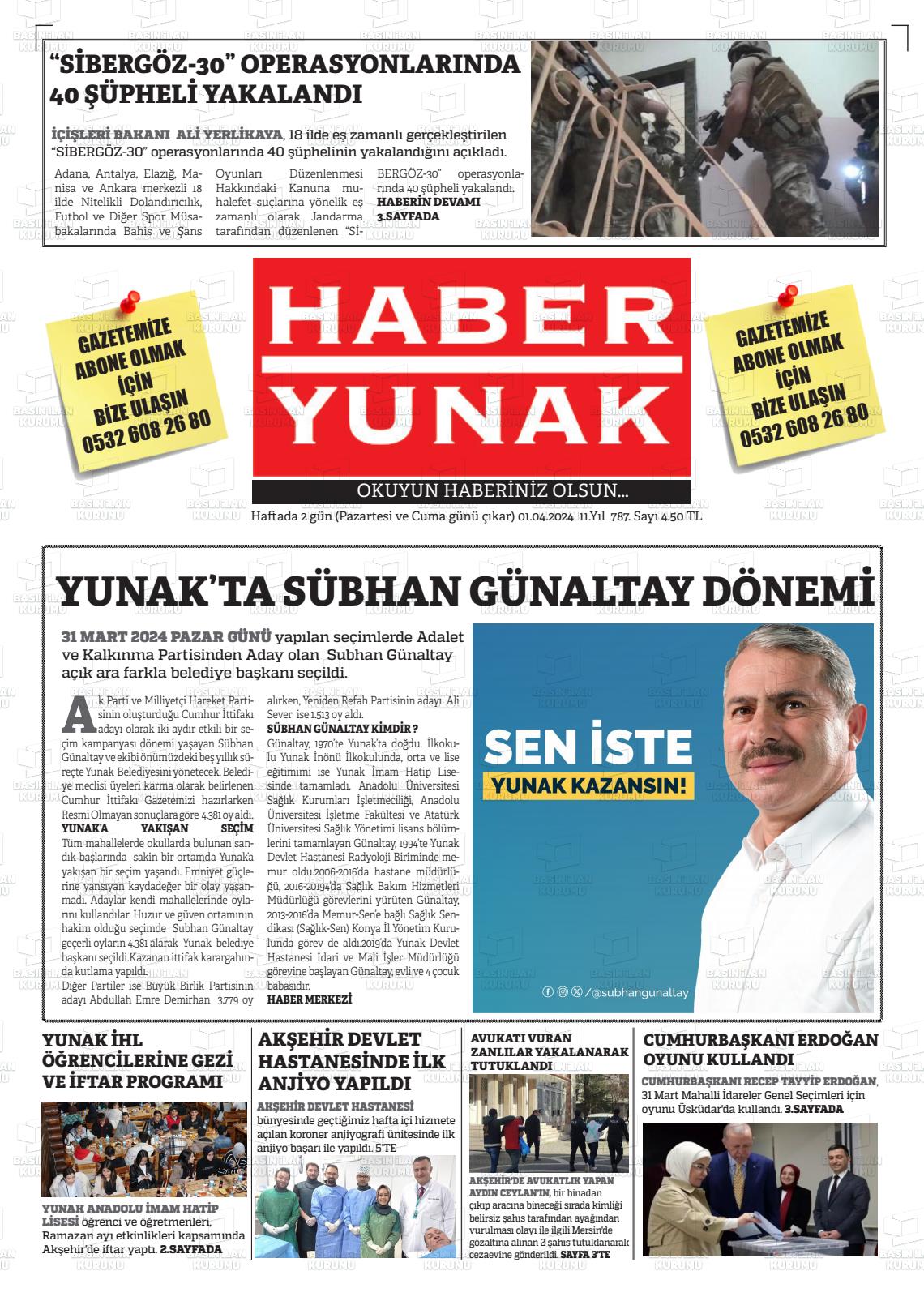 01 Nisan 2024 Haber Yunak Gazete Manşeti