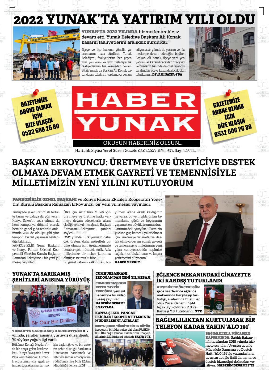 02 Ocak 2023 Haber Yunak Gazete Manşeti