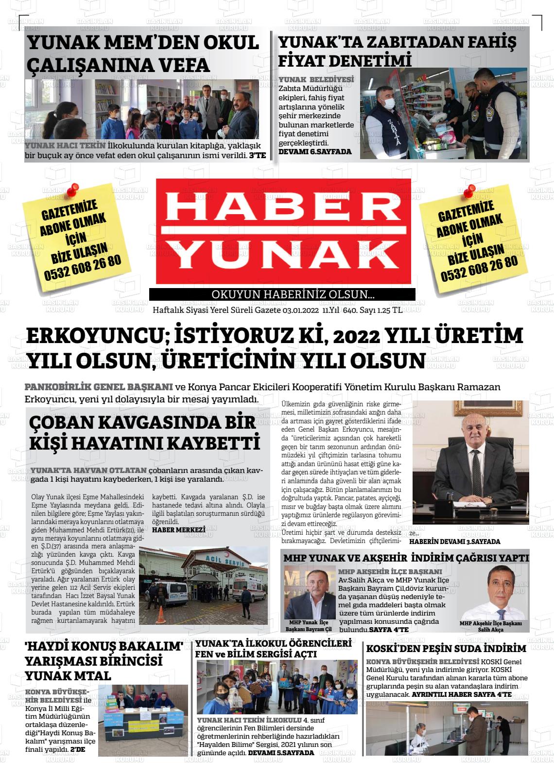 03 Ocak 2022 Haber Yunak Gazete Manşeti