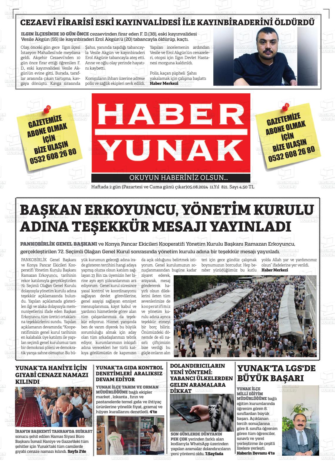 05 Ağustos 2024 Haber Yunak Gazete Manşeti