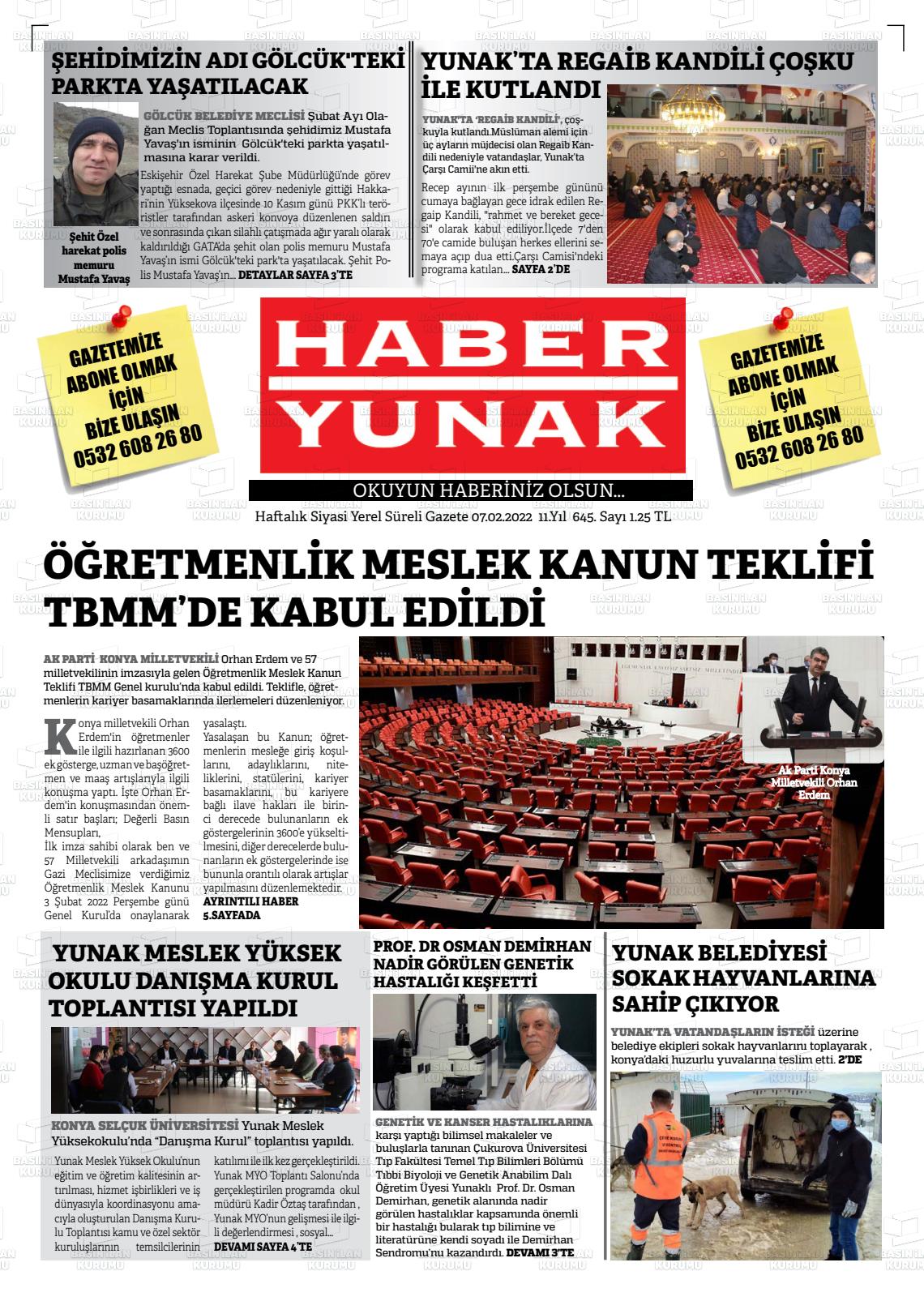 07 Şubat 2022 Haber Yunak Gazete Manşeti