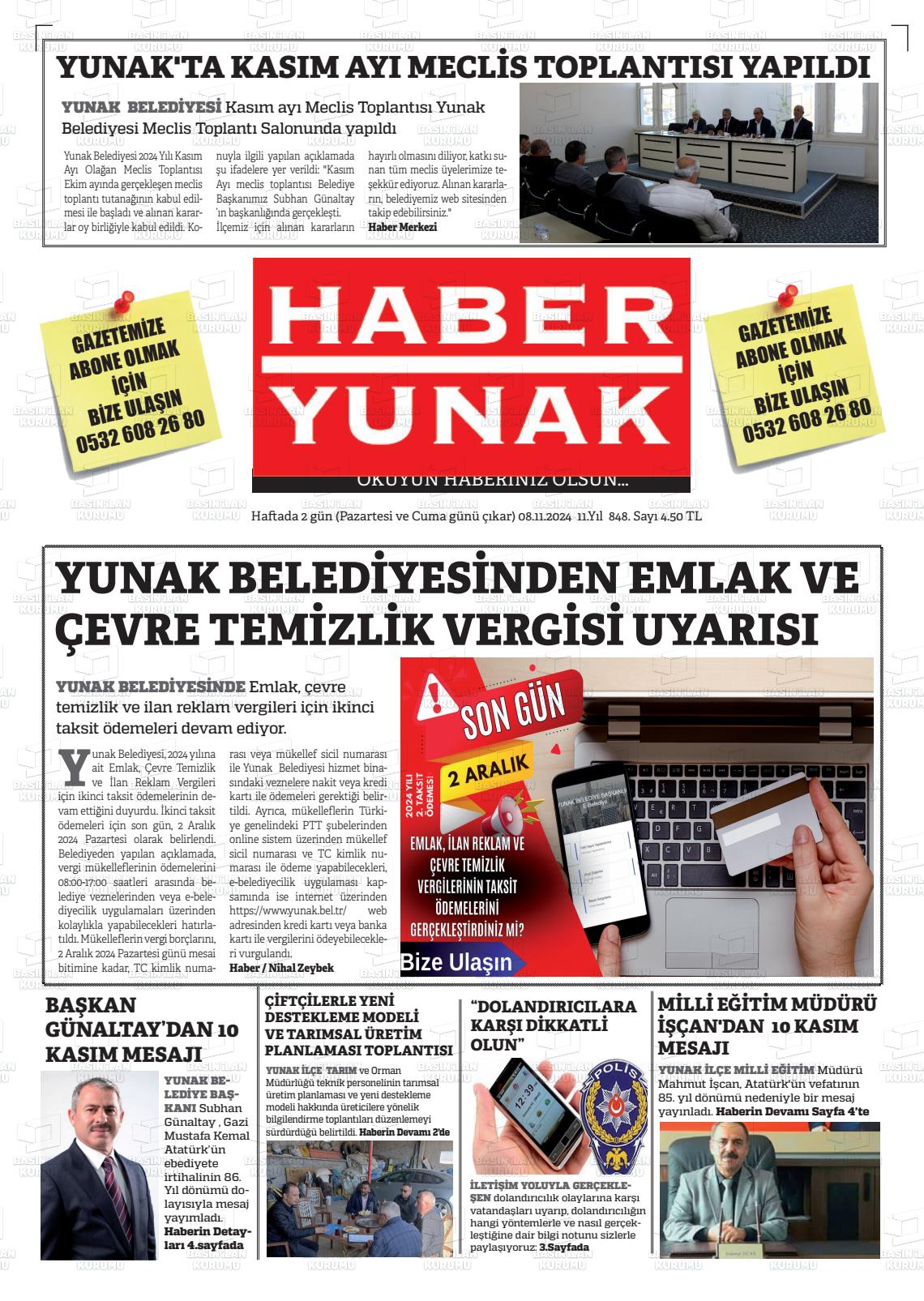 08 Kasım 2024 Haber Yunak Gazete Manşeti