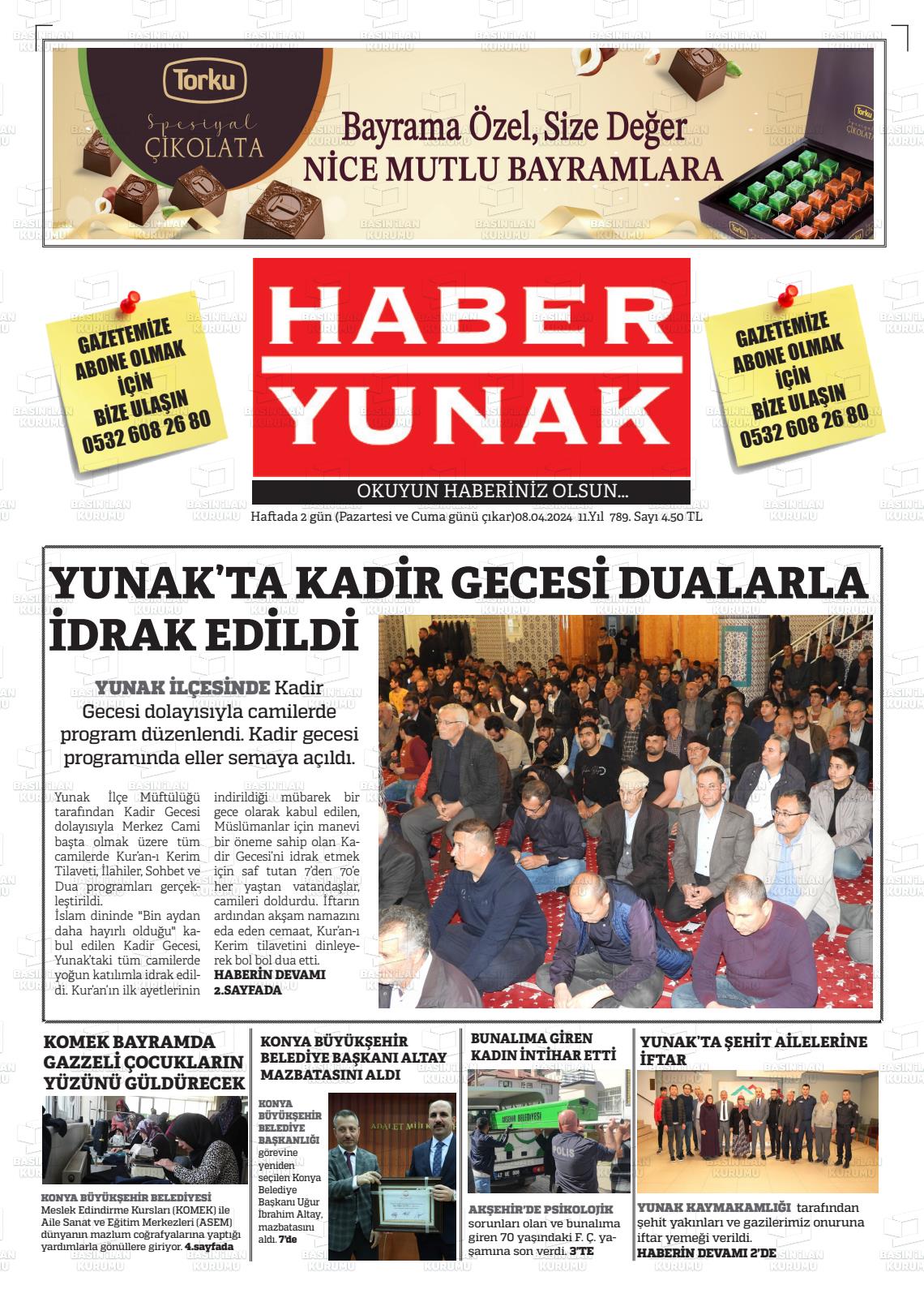 08 Nisan 2024 Haber Yunak Gazete Manşeti