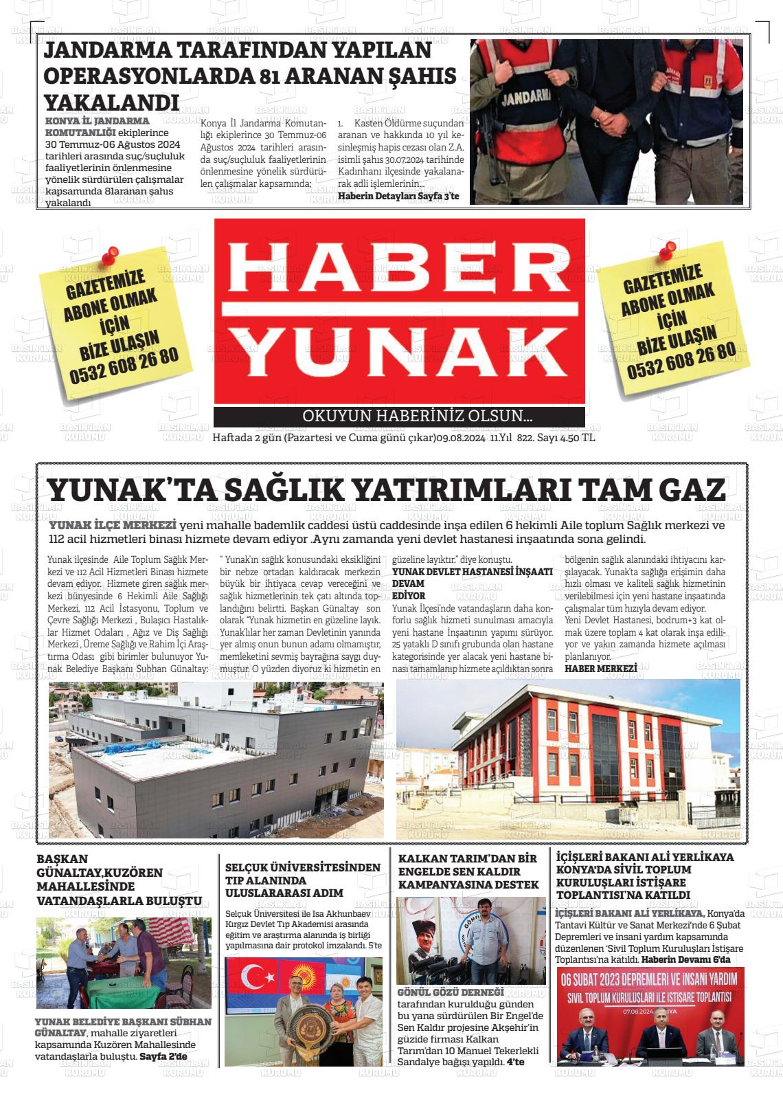 09 Ağustos 2024 Haber Yunak Gazete Manşeti