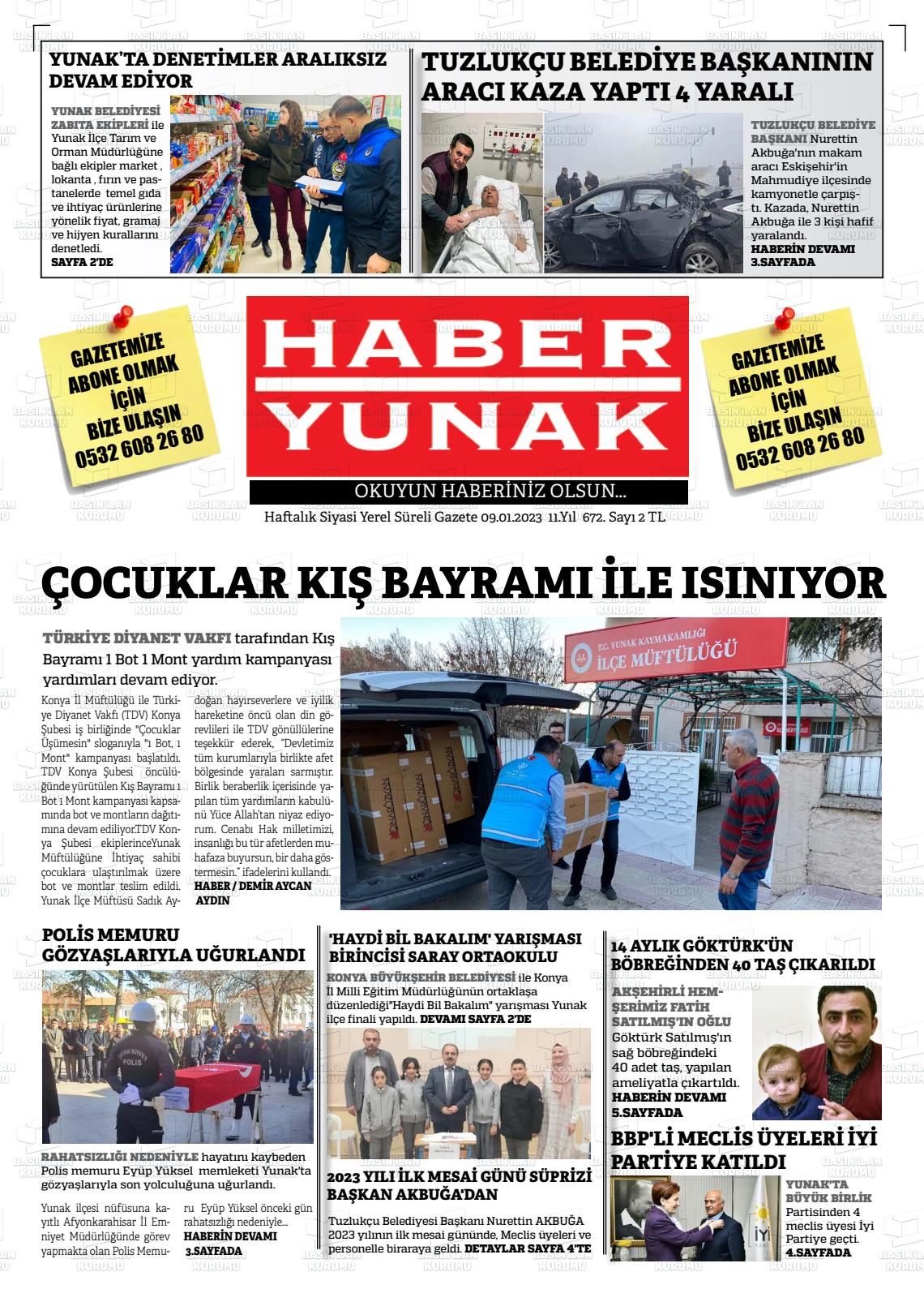 09 Ocak 2023 Haber Yunak Gazete Manşeti