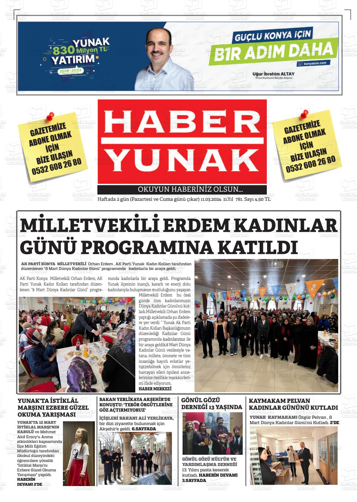 11 Mart 2024 Haber Yunak Gazete Manşeti