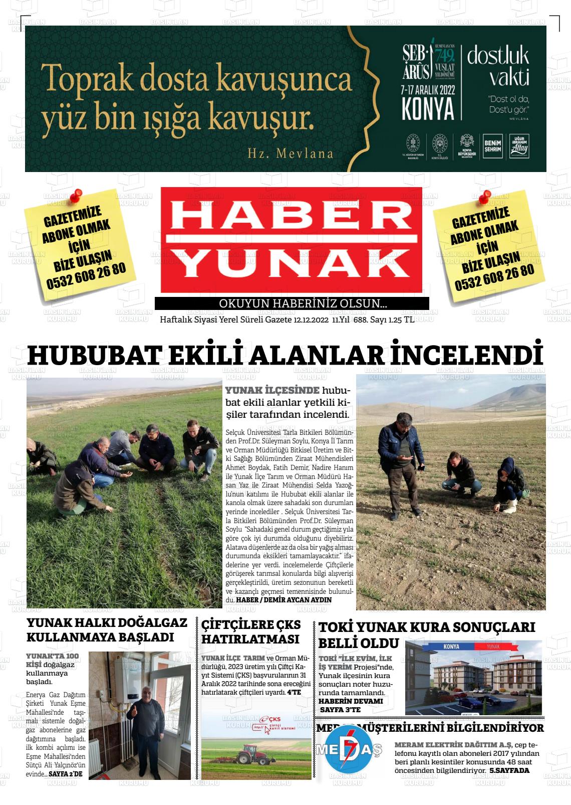 12 Aralık 2022 Haber Yunak Gazete Manşeti