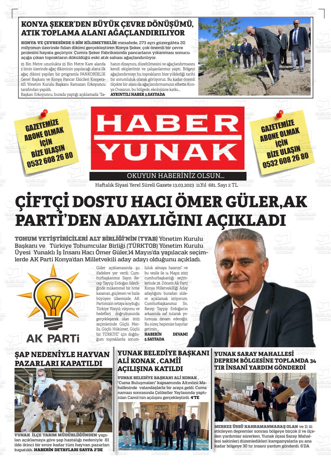 13 Mart 2023 Haber Yunak Gazete Manşeti