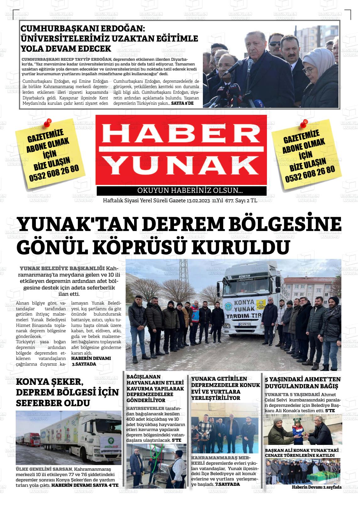 13 Şubat 2023 Haber Yunak Gazete Manşeti