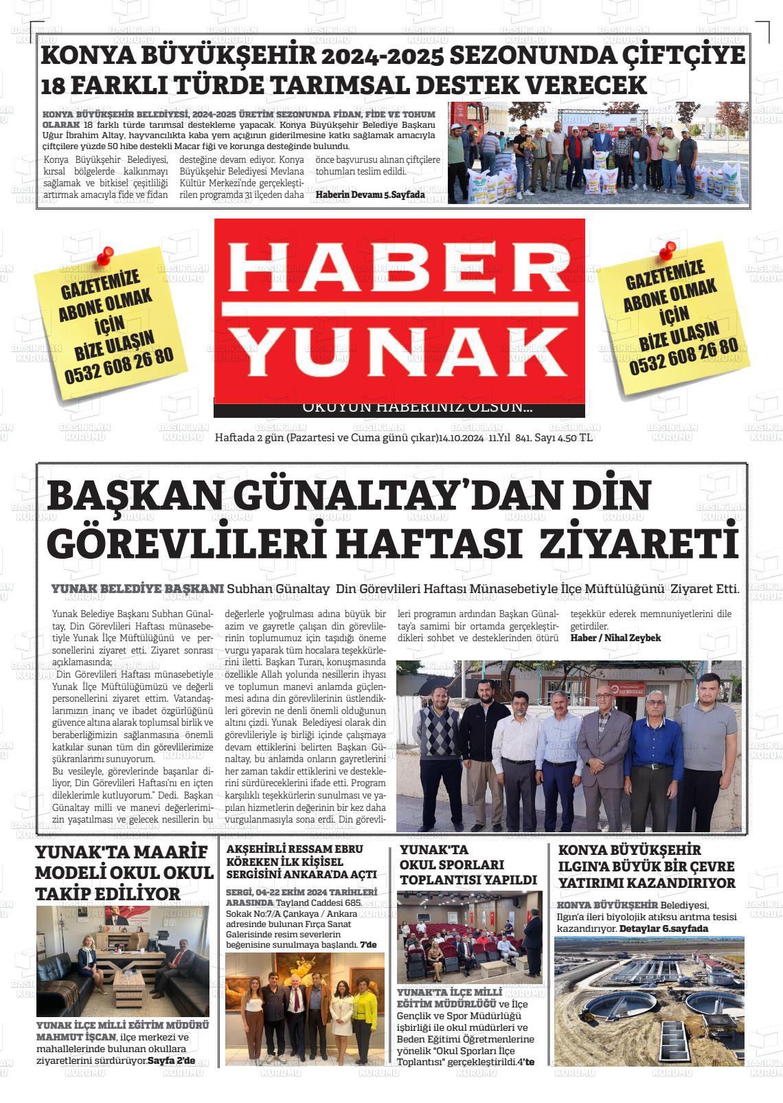 14 Ekim 2024 Haber Yunak Gazete Manşeti