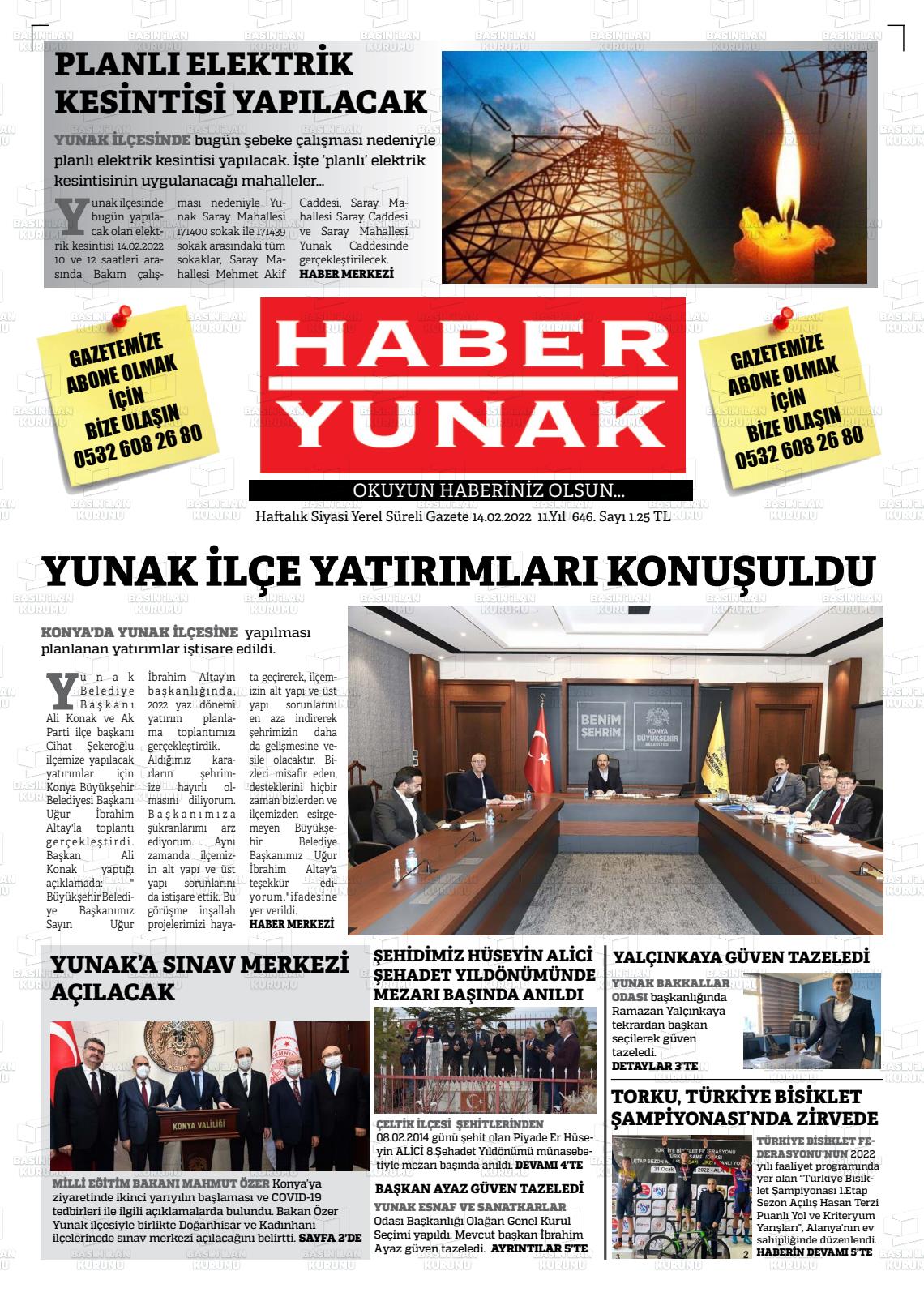 14 Nisan 2022 Haber Yunak Gazete Manşeti