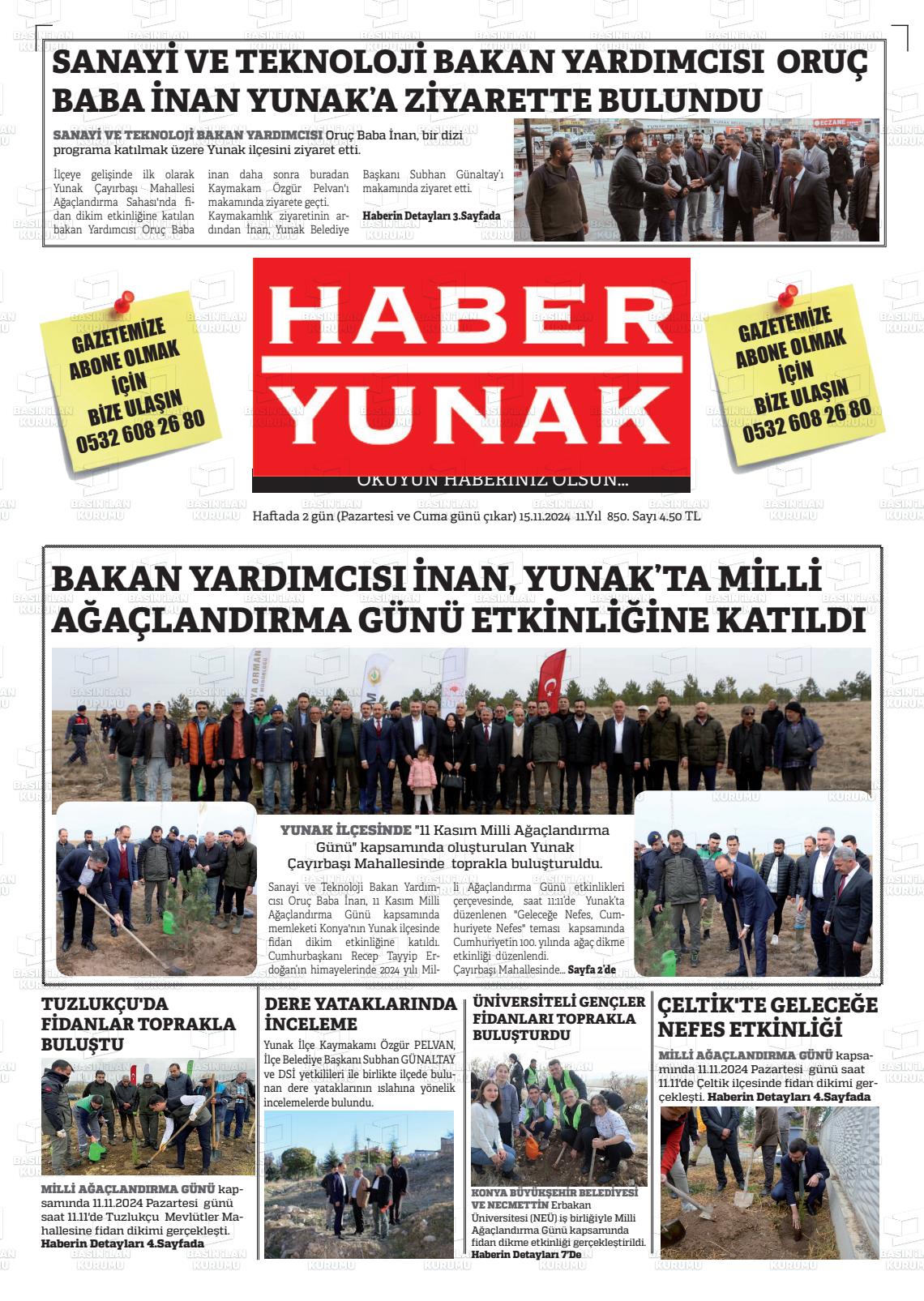 15 Kasım 2024 Haber Yunak Gazete Manşeti