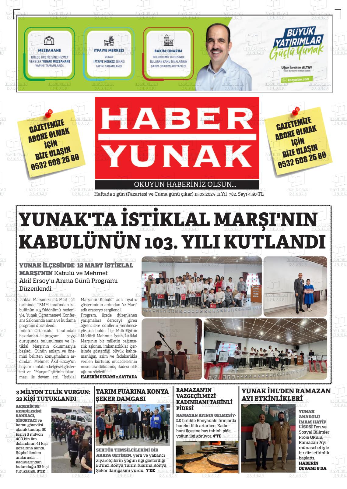 15 Mart 2024 Haber Yunak Gazete Manşeti