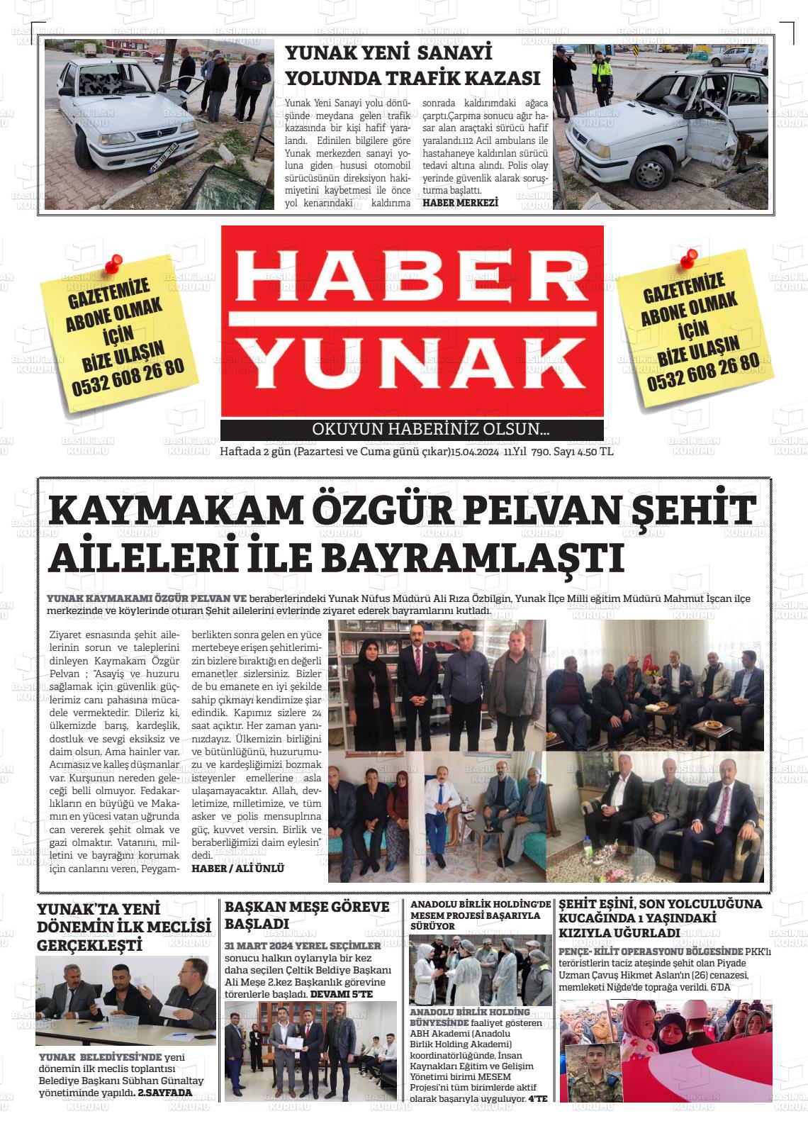 15 Nisan 2024 Haber Yunak Gazete Manşeti