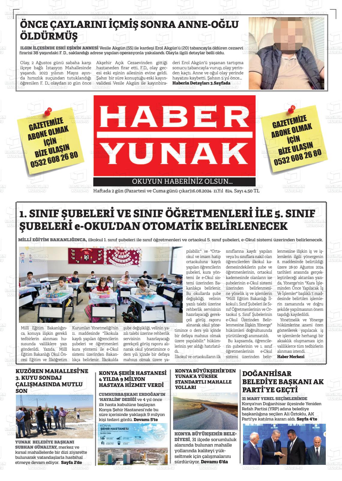 16 Ağustos 2024 Haber Yunak Gazete Manşeti