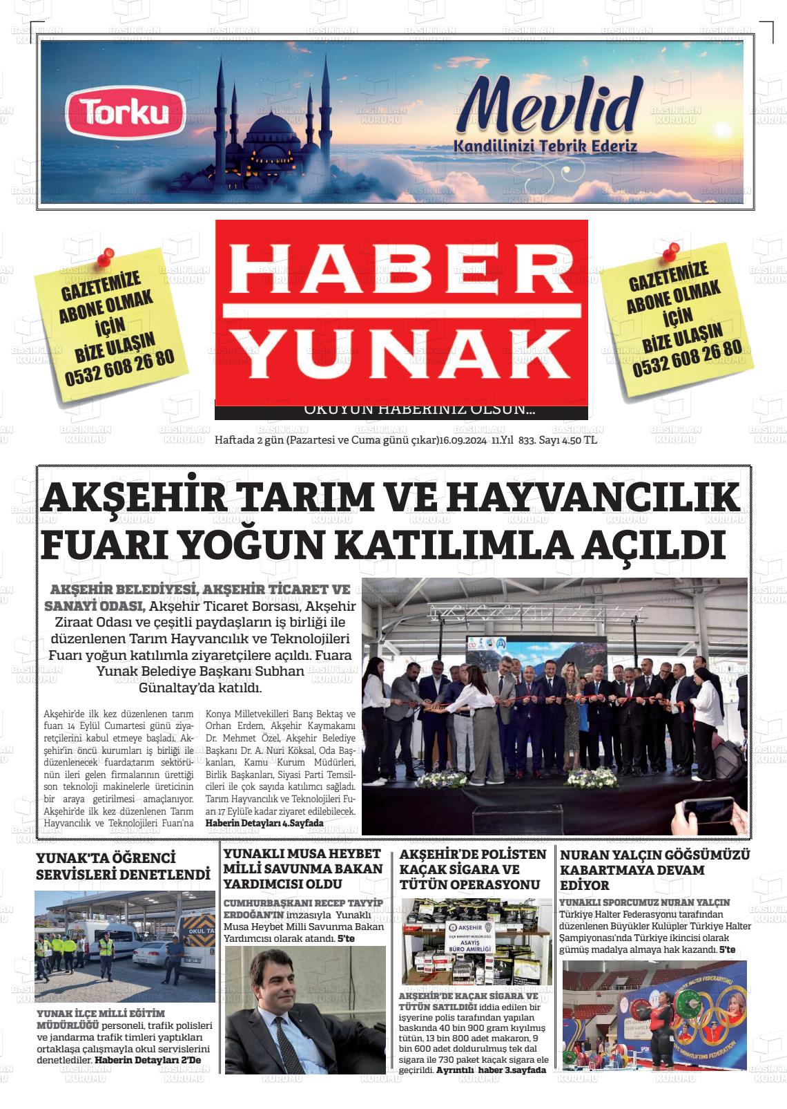 16 Eylül 2024 Haber Yunak Gazete Manşeti