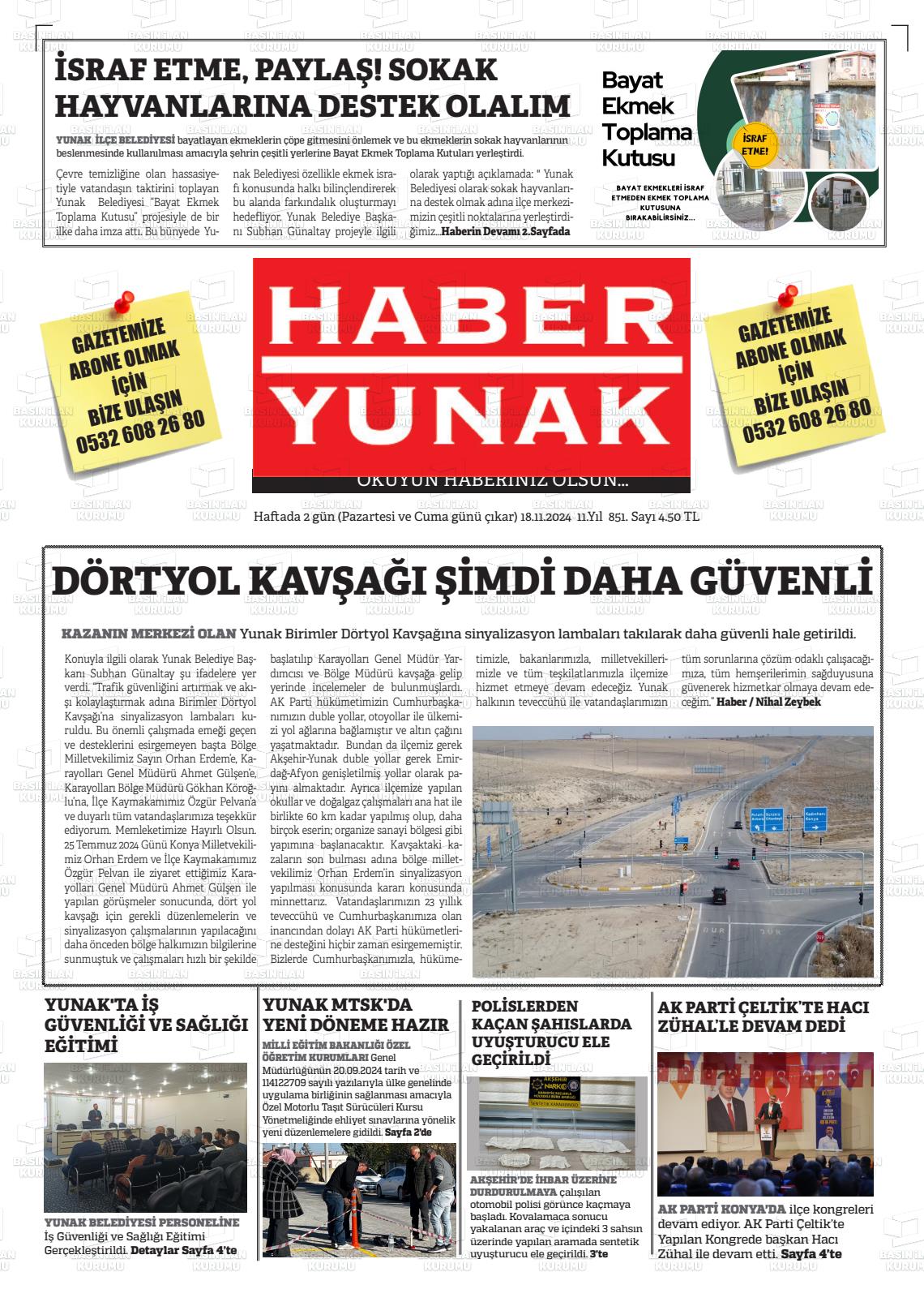 18 Kasım 2024 Haber Yunak Gazete Manşeti