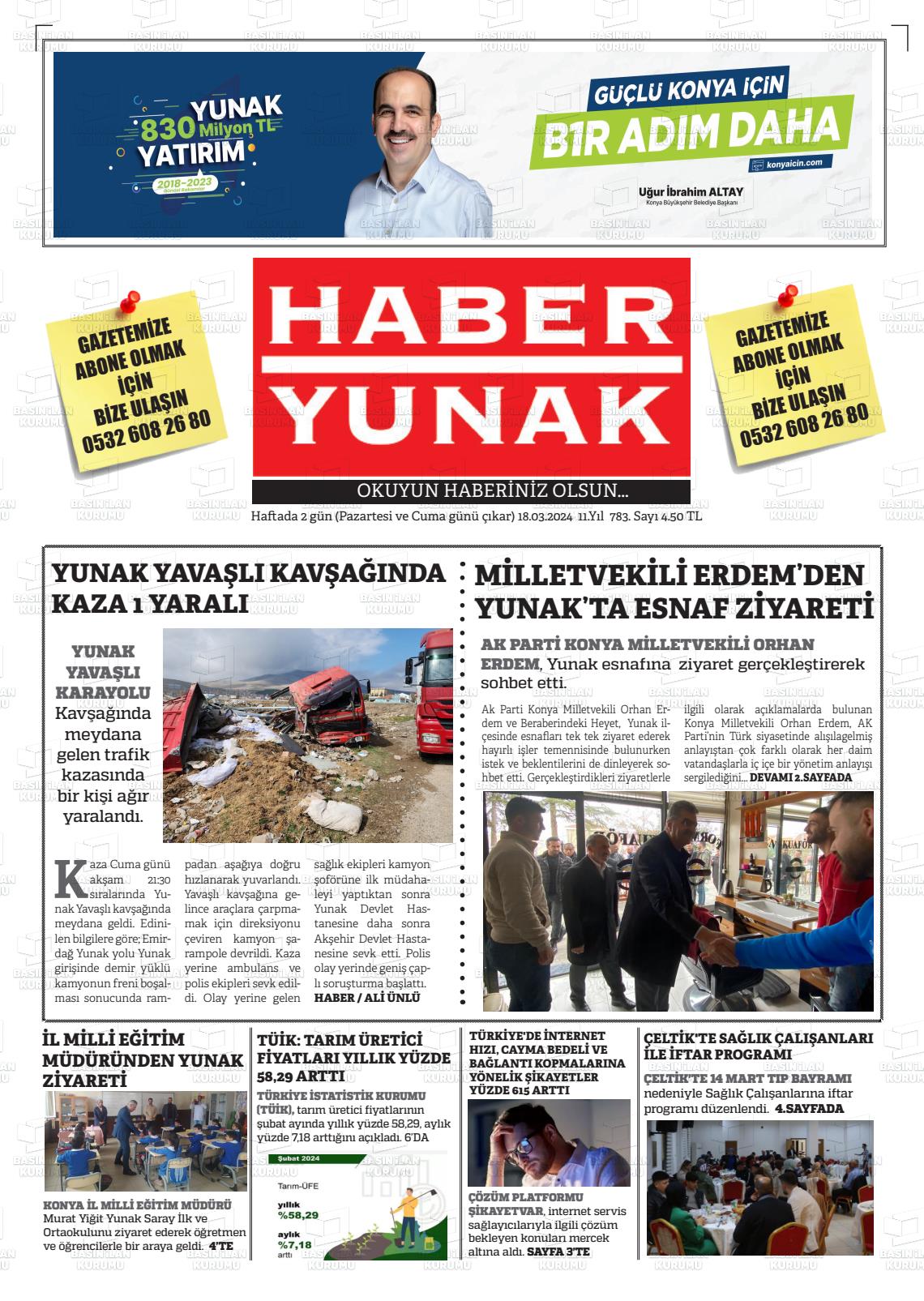 18 Mart 2024 Haber Yunak Gazete Manşeti