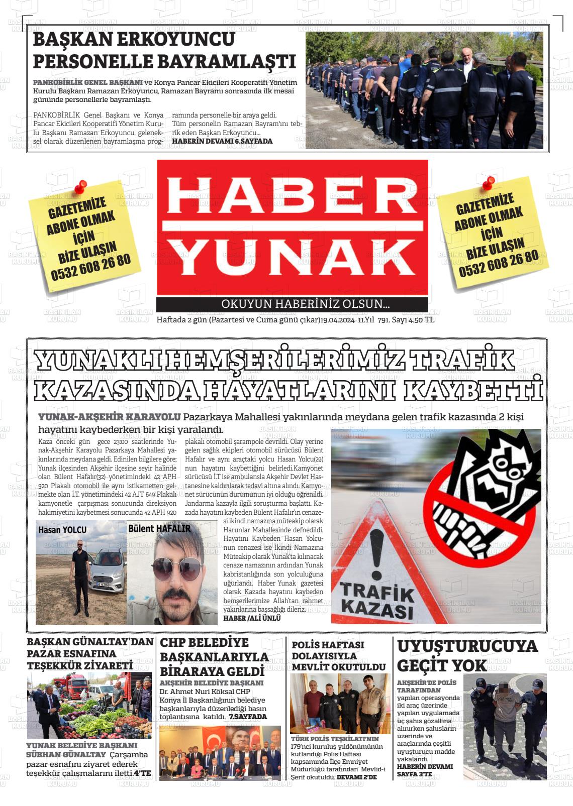 19 Nisan 2024 Haber Yunak Gazete Manşeti