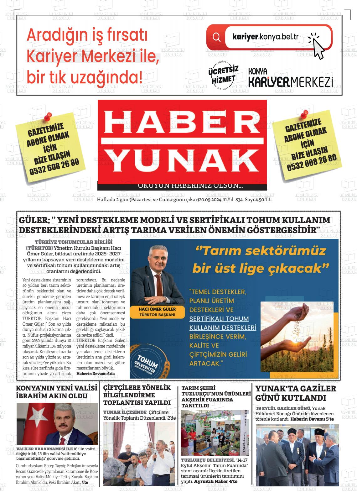 20 Eylül 2024 Haber Yunak Gazete Manşeti