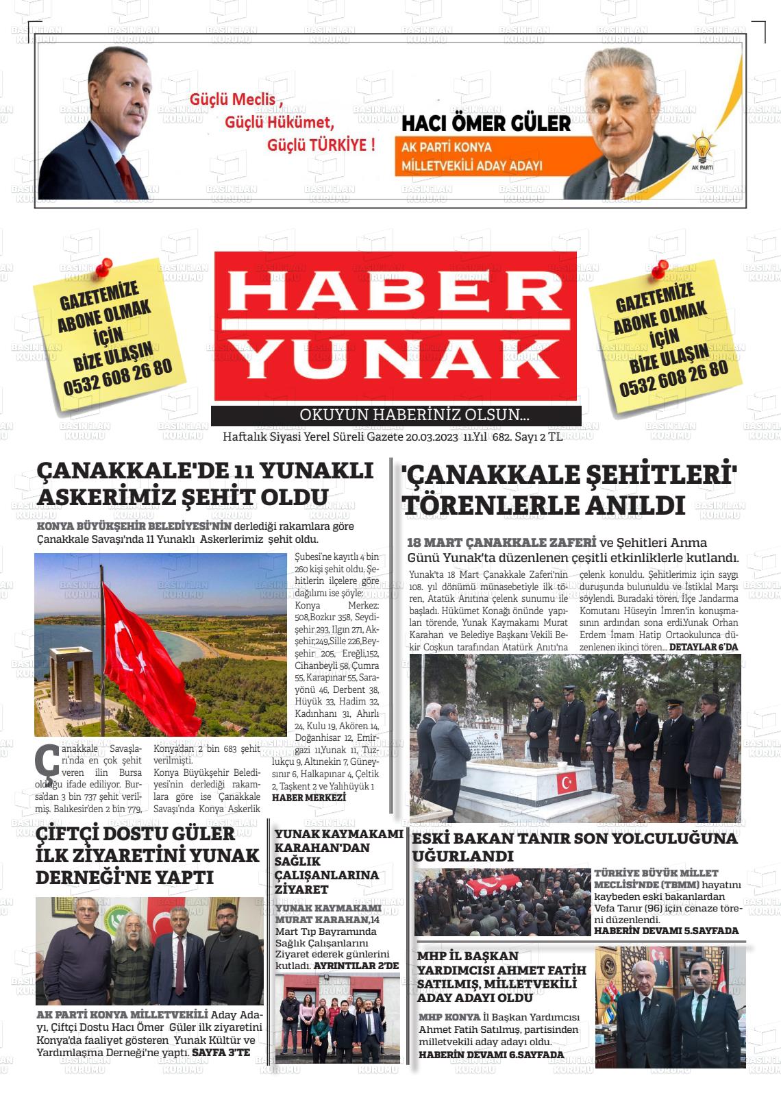 20 Mart 2023 Haber Yunak Gazete Manşeti