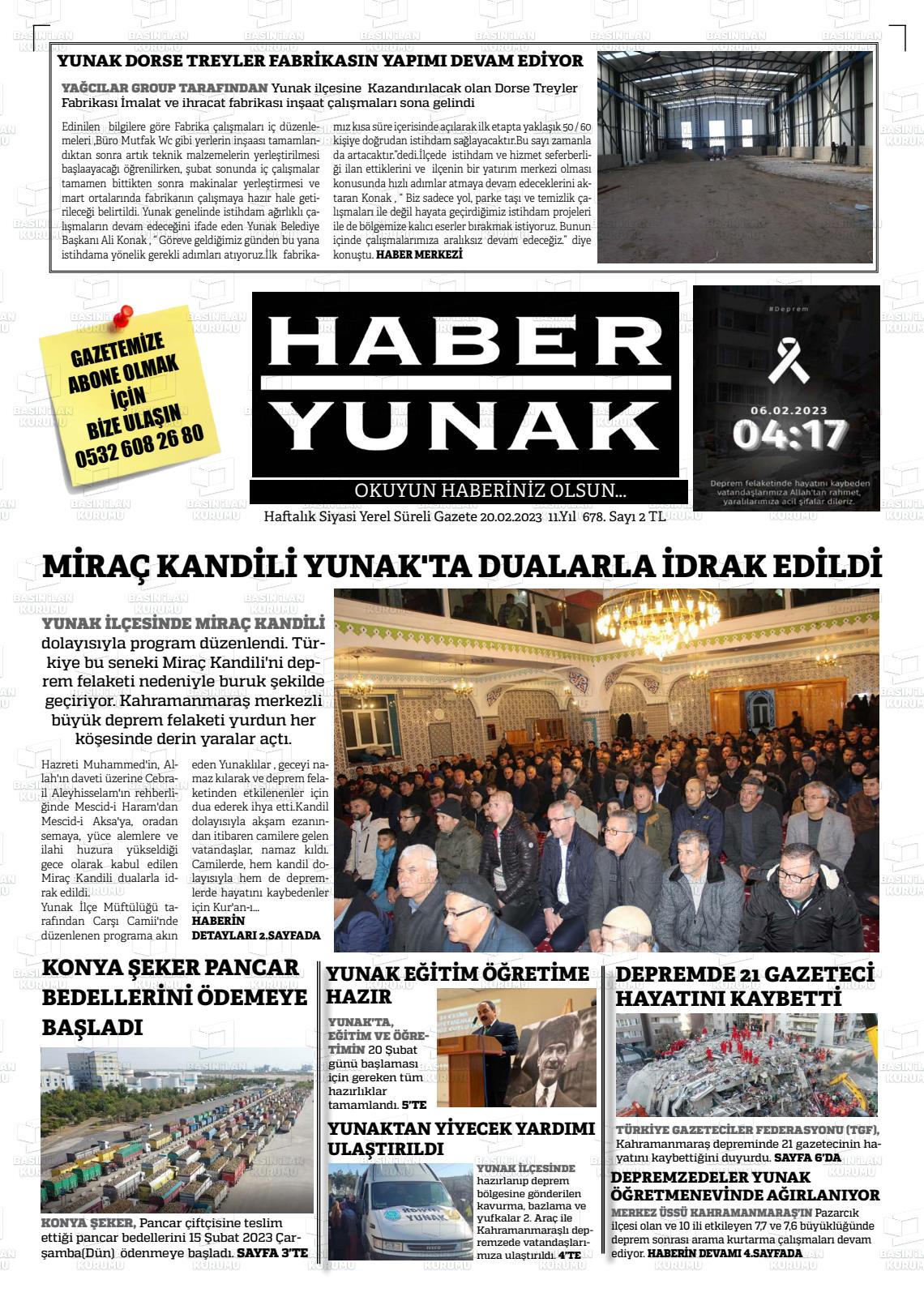 20 Şubat 2023 Haber Yunak Gazete Manşeti