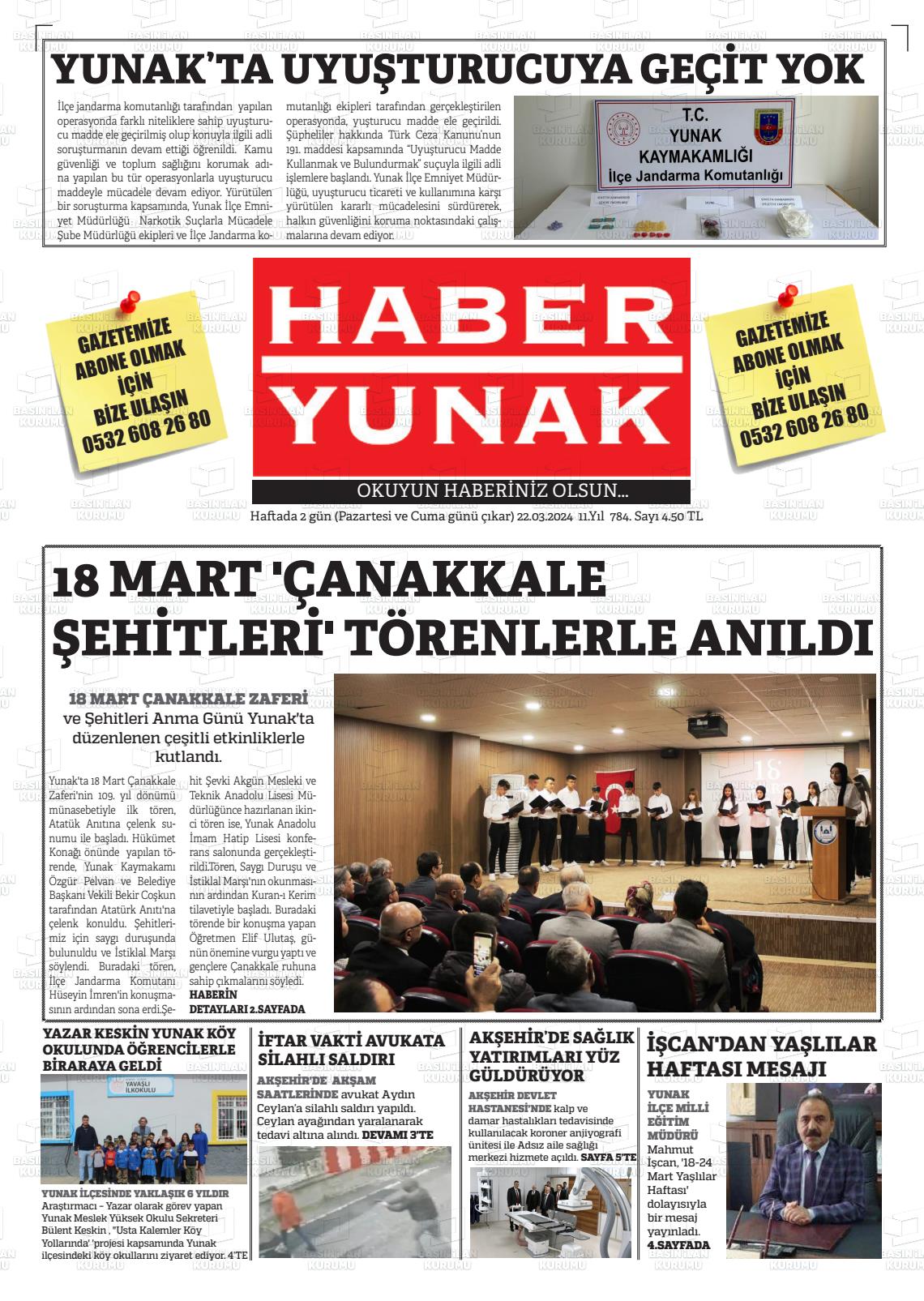 22 Mart 2024 Haber Yunak Gazete Manşeti