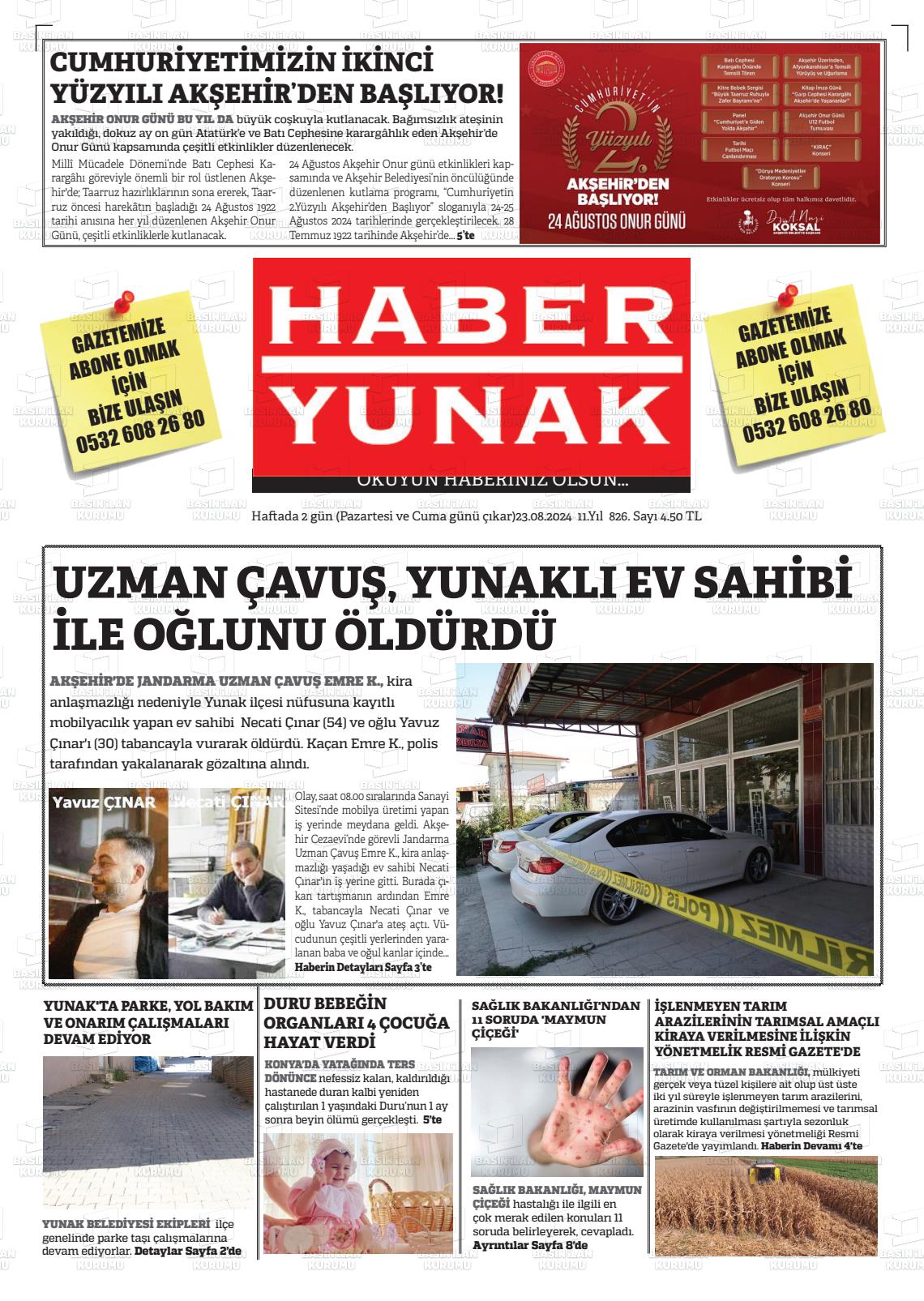 23 Ağustos 2024 Haber Yunak Gazete Manşeti