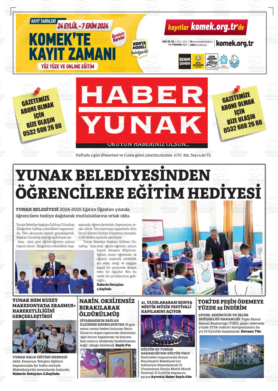 23 Eylül 2024 Haber Yunak Gazete Manşeti