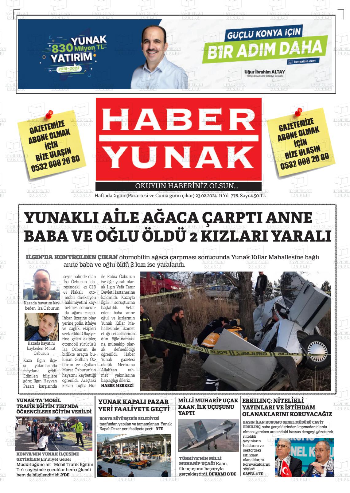 23 Şubat 2024 Haber Yunak Gazete Manşeti