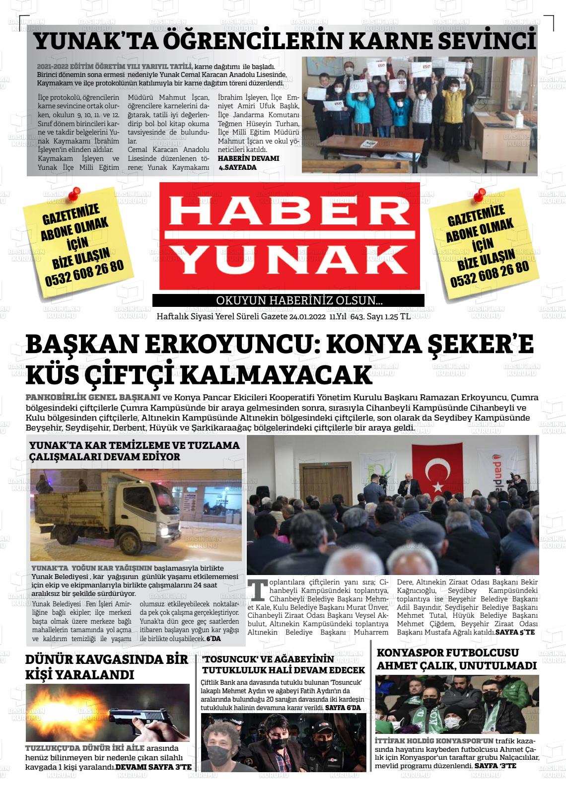 24 Ocak 2022 Haber Yunak Gazete Manşeti