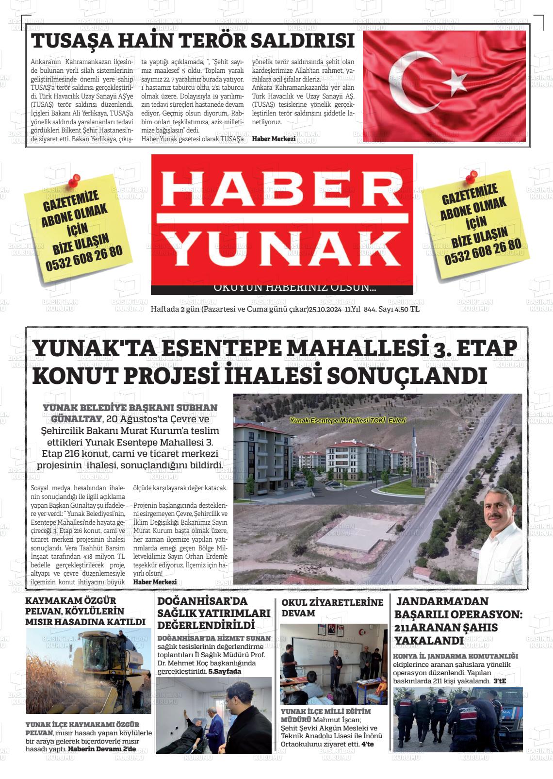 25 Ekim 2024 Haber Yunak Gazete Manşeti