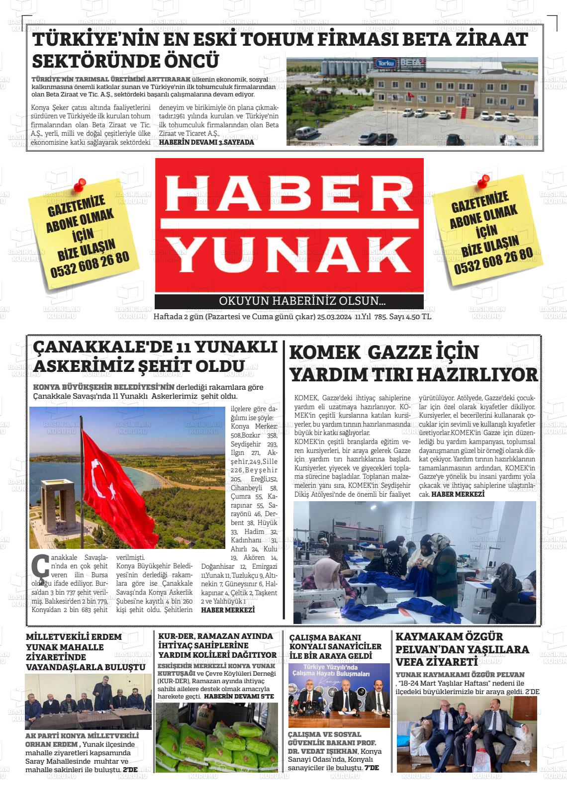 25 Mart 2024 Haber Yunak Gazete Manşeti