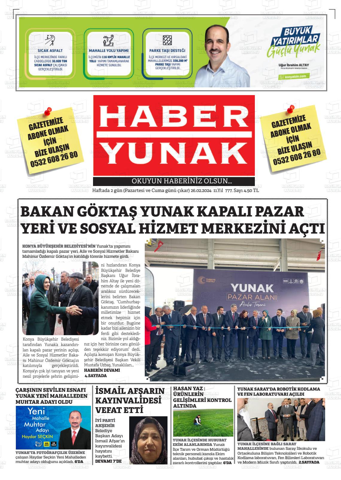 26 Şubat 2024 Haber Yunak Gazete Manşeti