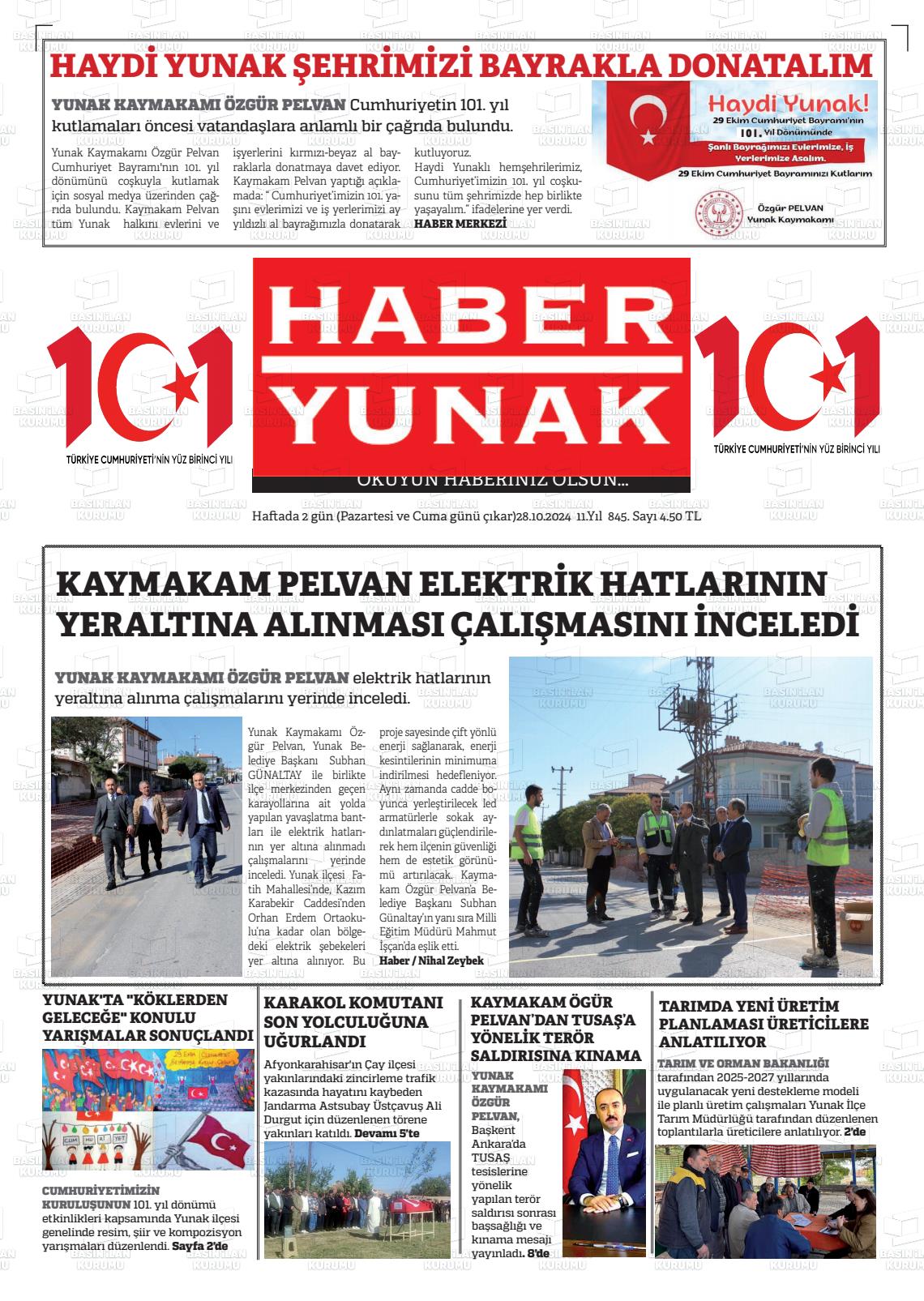 28 Ekim 2024 Haber Yunak Gazete Manşeti