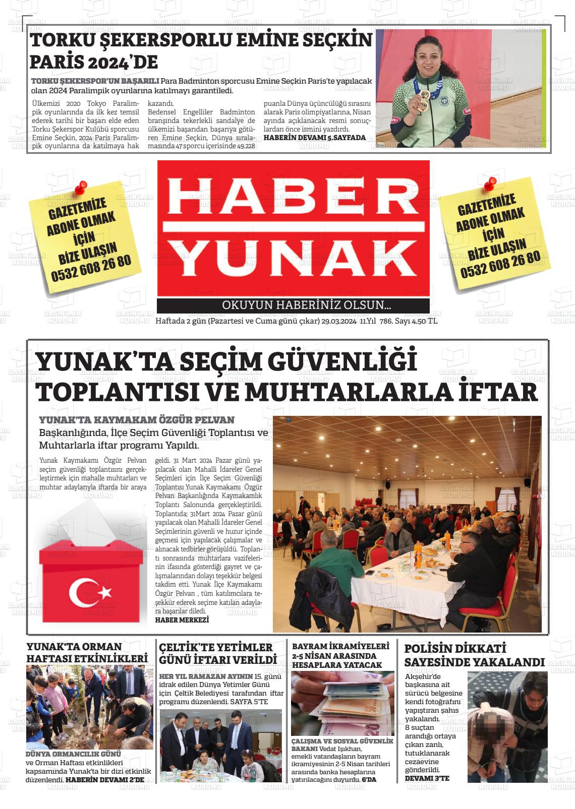 29 Mart 2024 Haber Yunak Gazete Manşeti