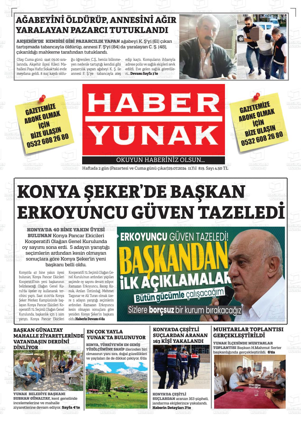 29 Temmuz 2024 Haber Yunak Gazete Manşeti