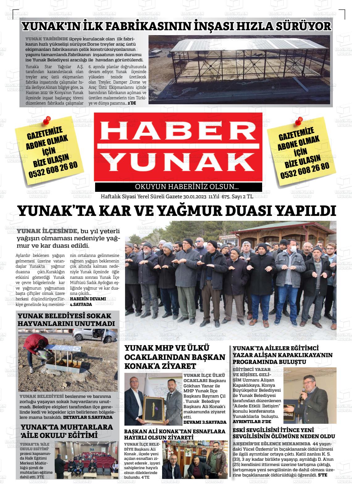 30 Ocak 2023 Haber Yunak Gazete Manşeti