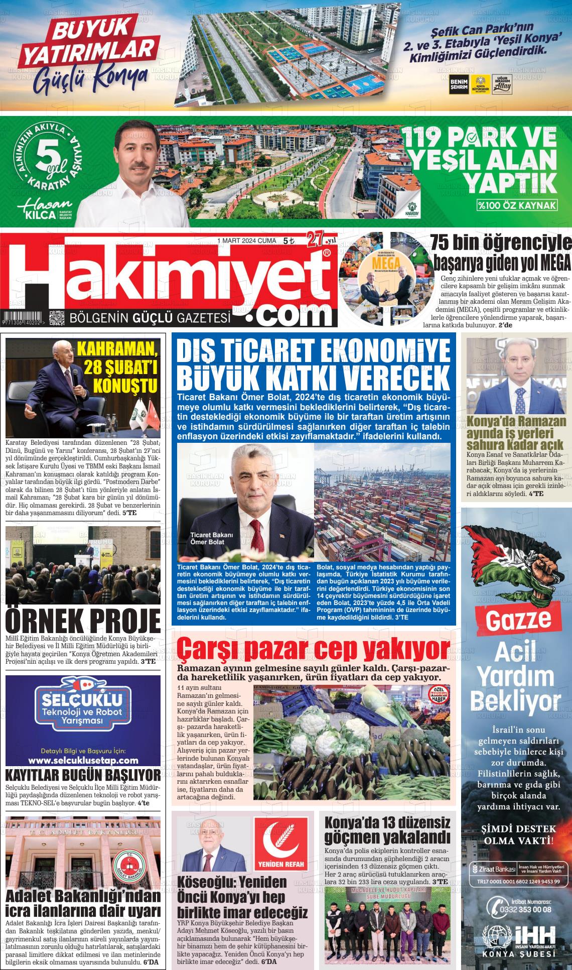 01 Mart 2024 Konya Hakimiyet Gazete Manşeti