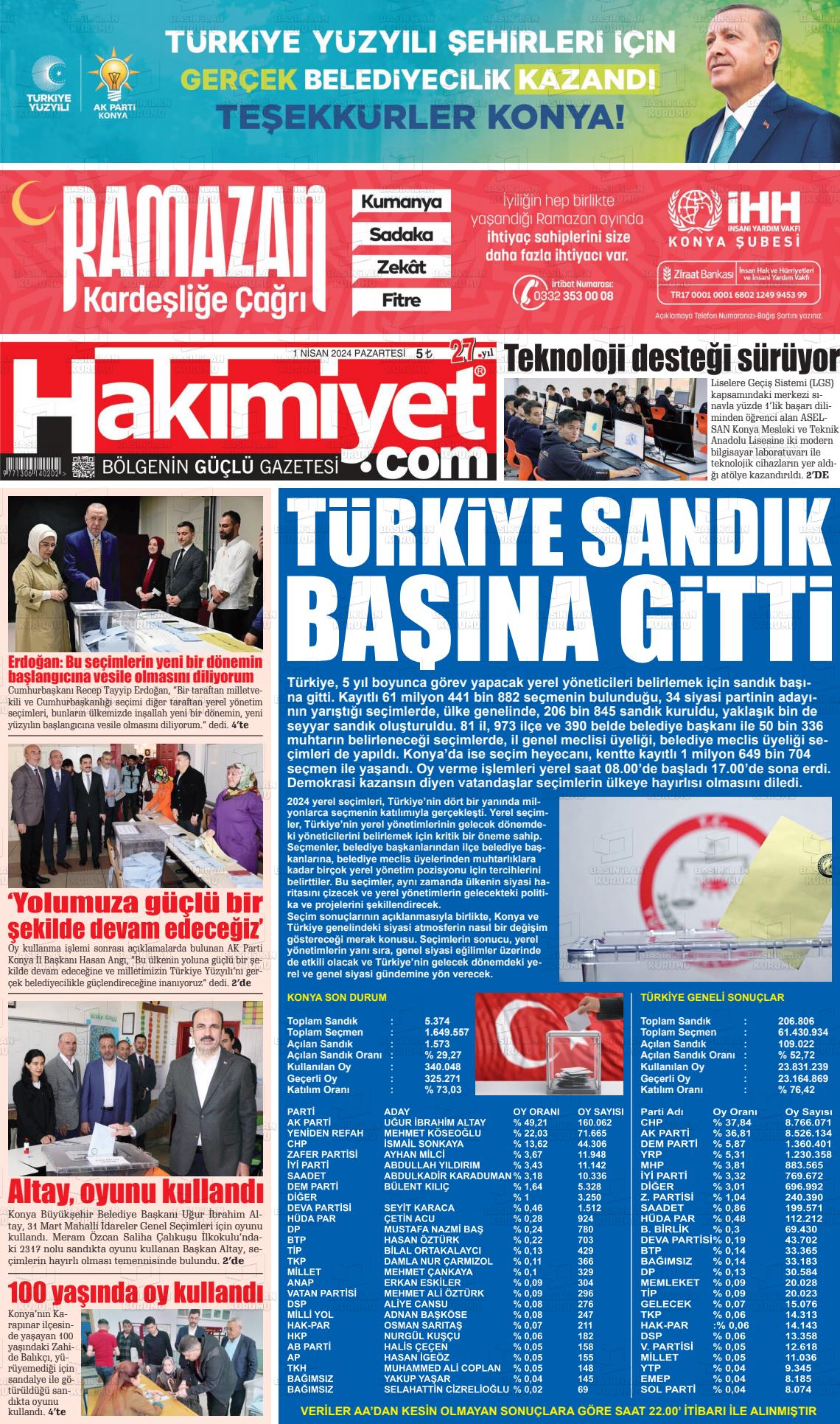 01 Nisan 2024 Konya Hakimiyet Gazete Manşeti