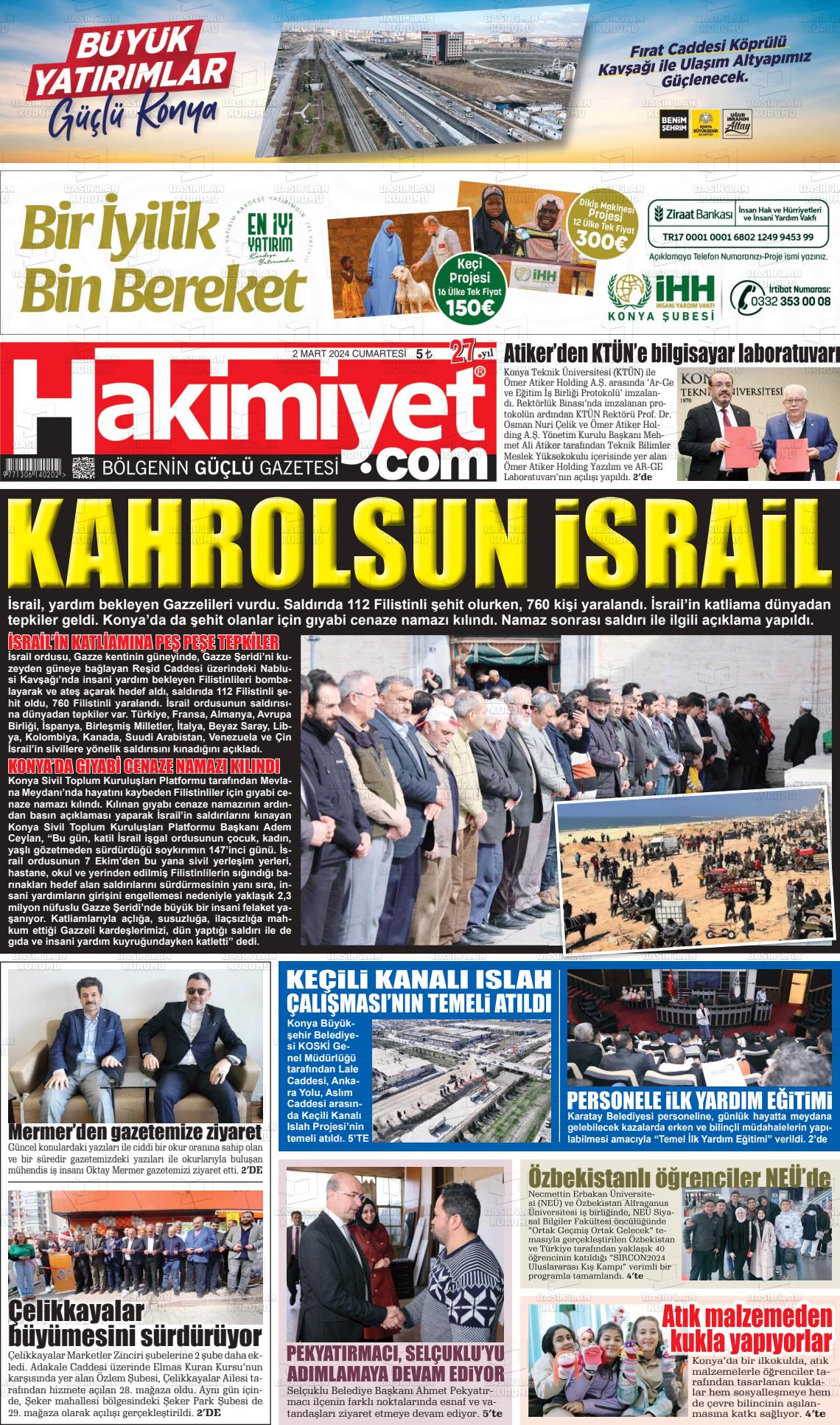 02 Mart 2024 Konya Hakimiyet Gazete Manşeti