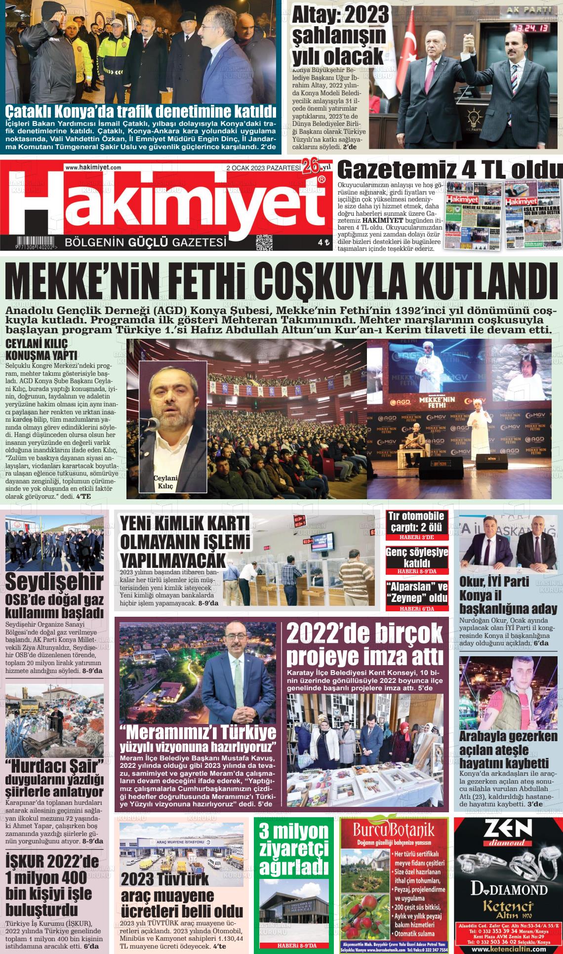 02 Ocak 2023 Konya Hakimiyet Gazete Manşeti