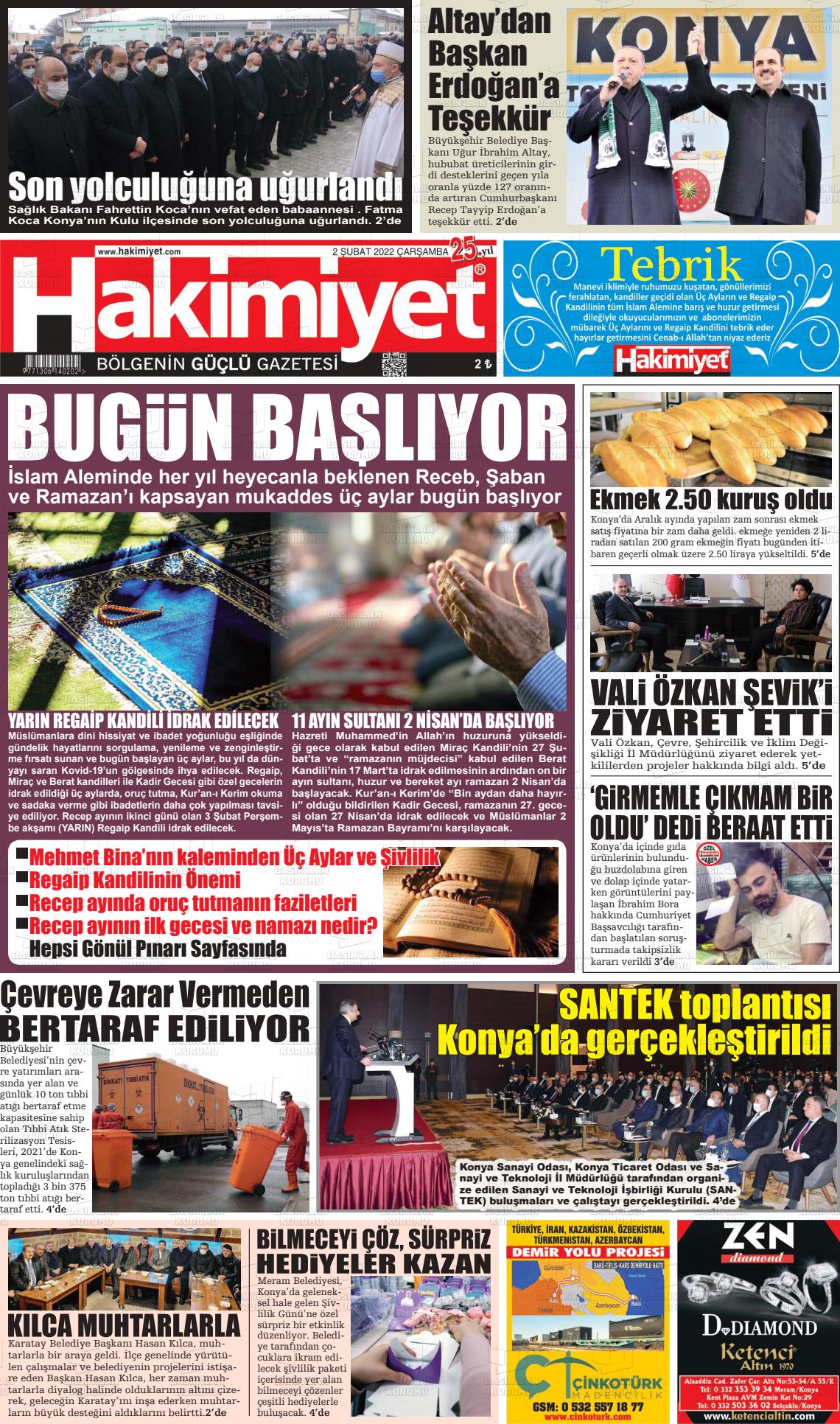 02 Şubat 2022 Konya Hakimiyet Gazete Manşeti