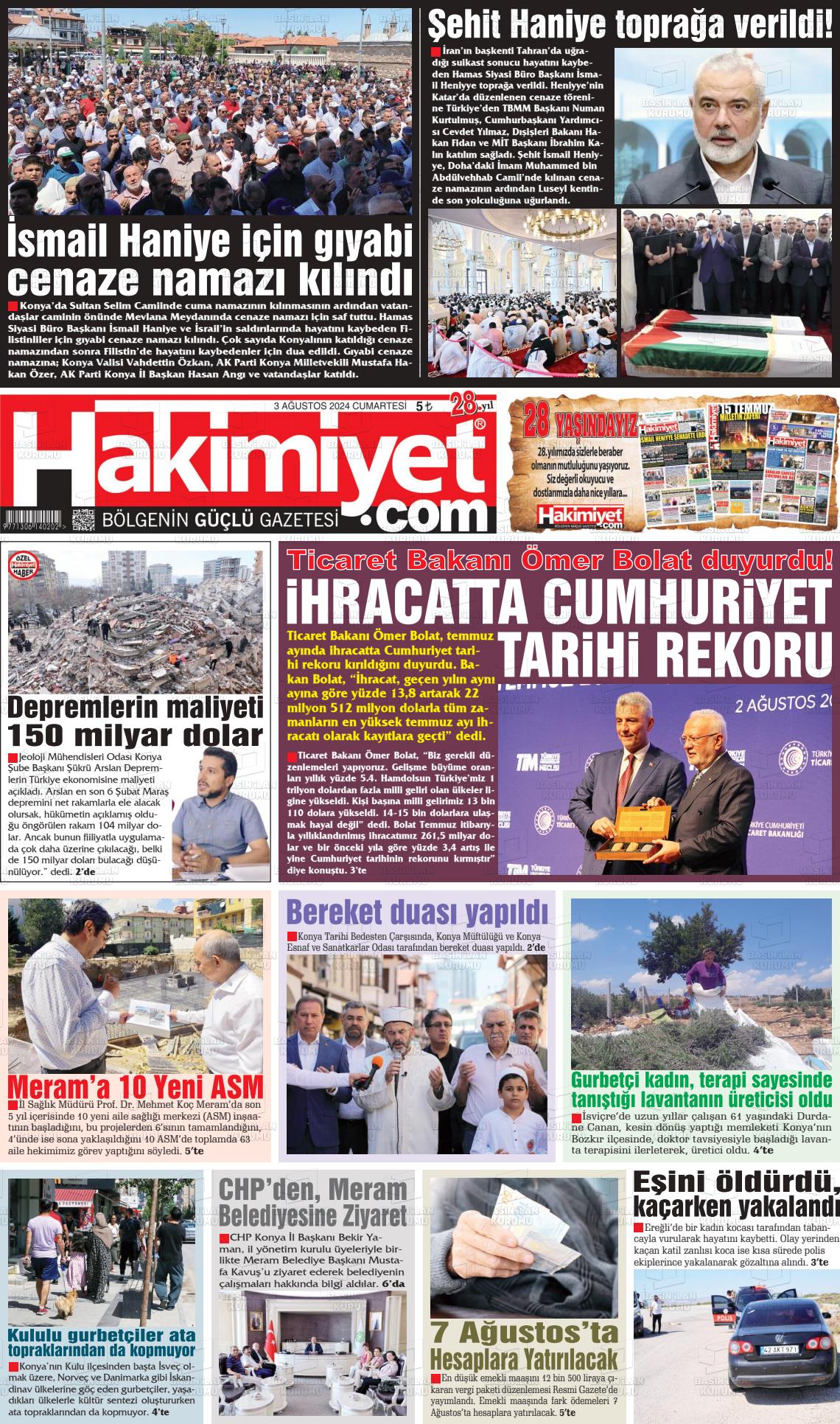 03 Ağustos 2024 Konya Hakimiyet Gazete Manşeti