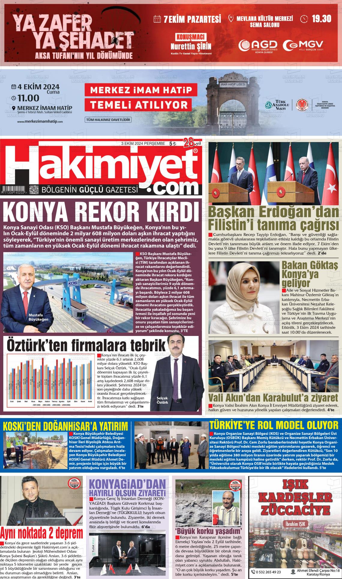 03 Ekim 2024 Konya Hakimiyet Gazete Manşeti