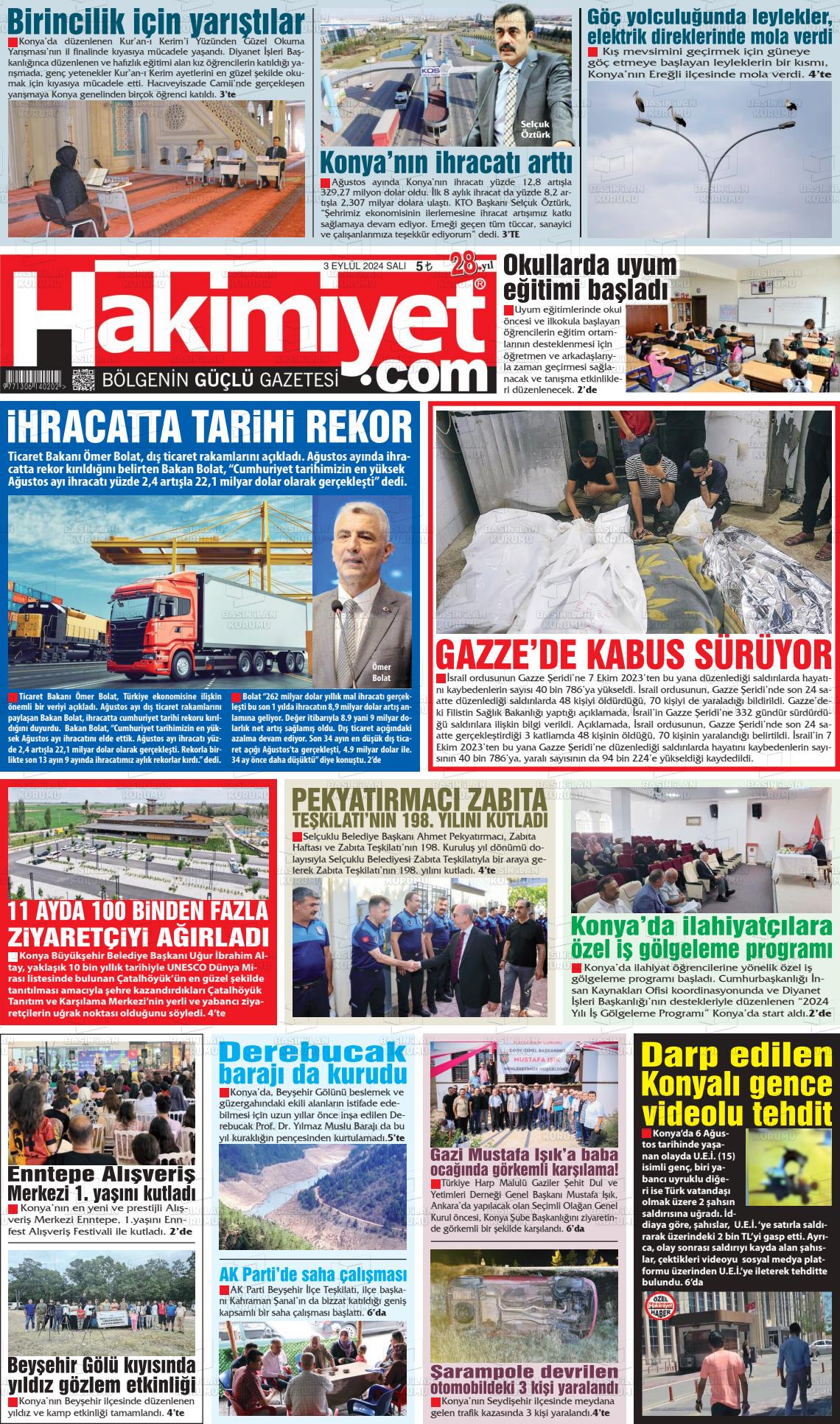 03 Eylül 2024 Konya Hakimiyet Gazete Manşeti